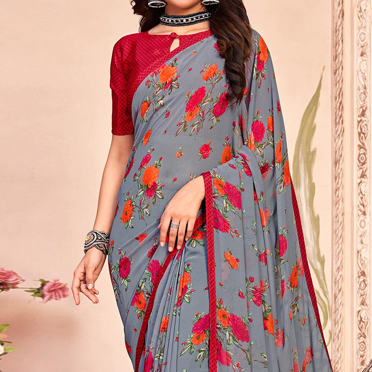 Grey Casual Wear Floral Printed Georgette Saree - Peachmode