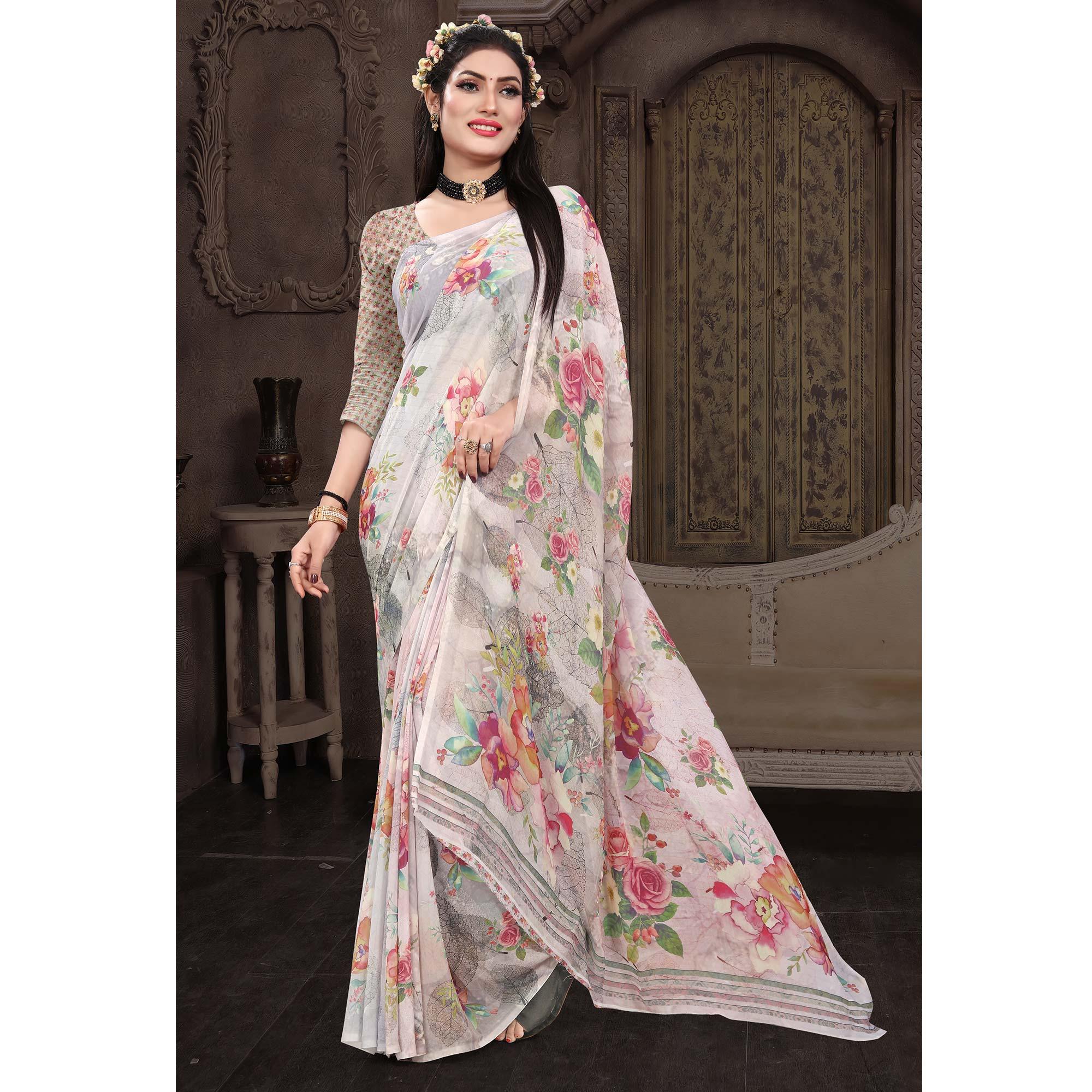 Grey Casual Wear Floral Printed Georgette Saree - Peachmode
