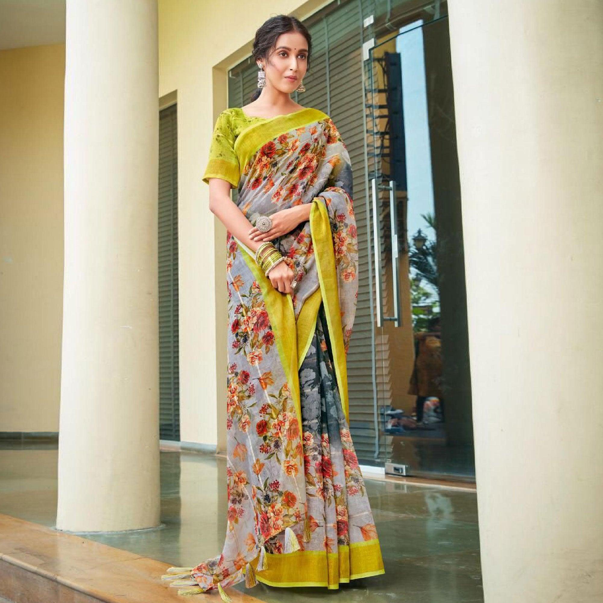 Grey Casual Wear Floral Printed Pure Linen Saree - Peachmode