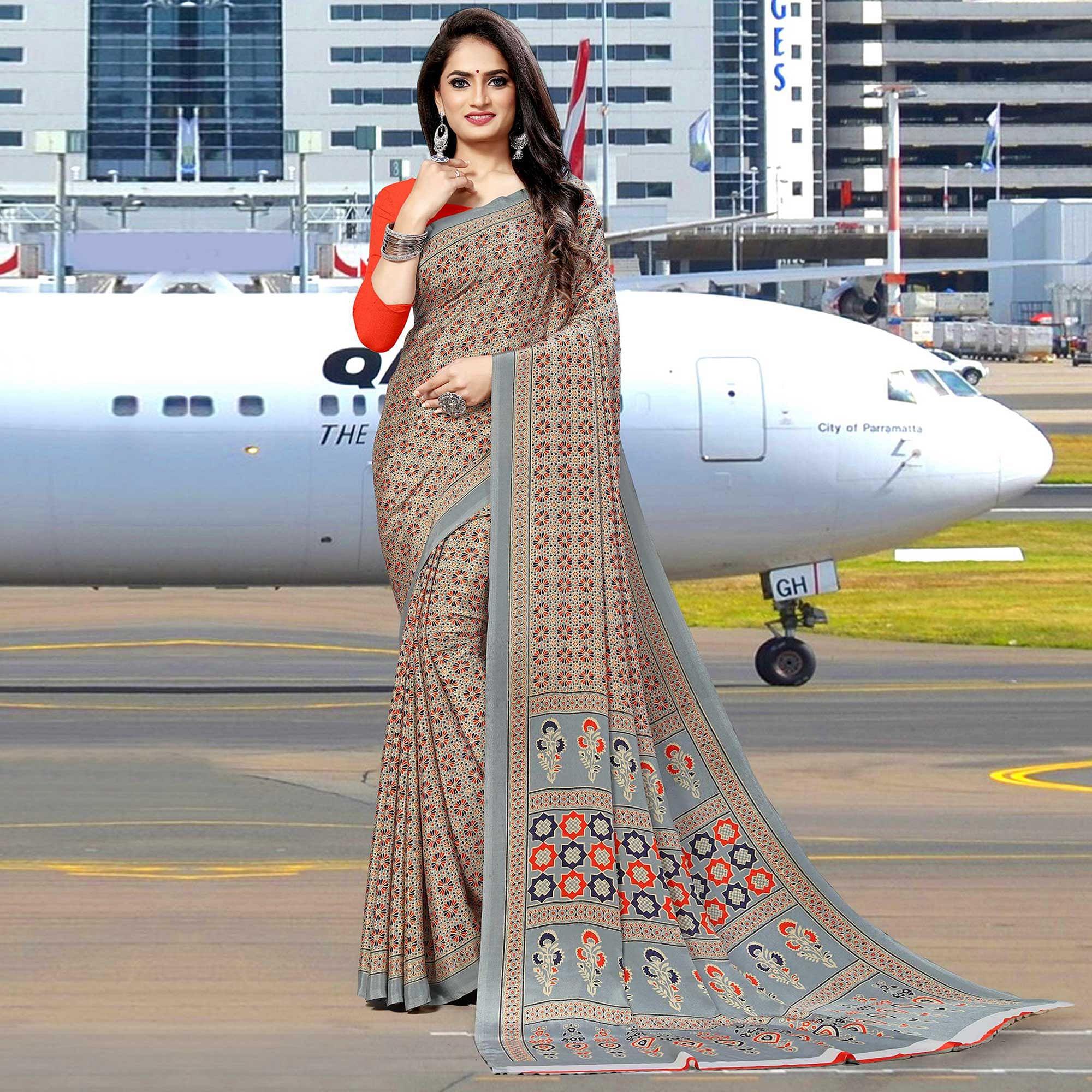 Grey Casual Wear Floral Printed Silk Saree - Peachmode