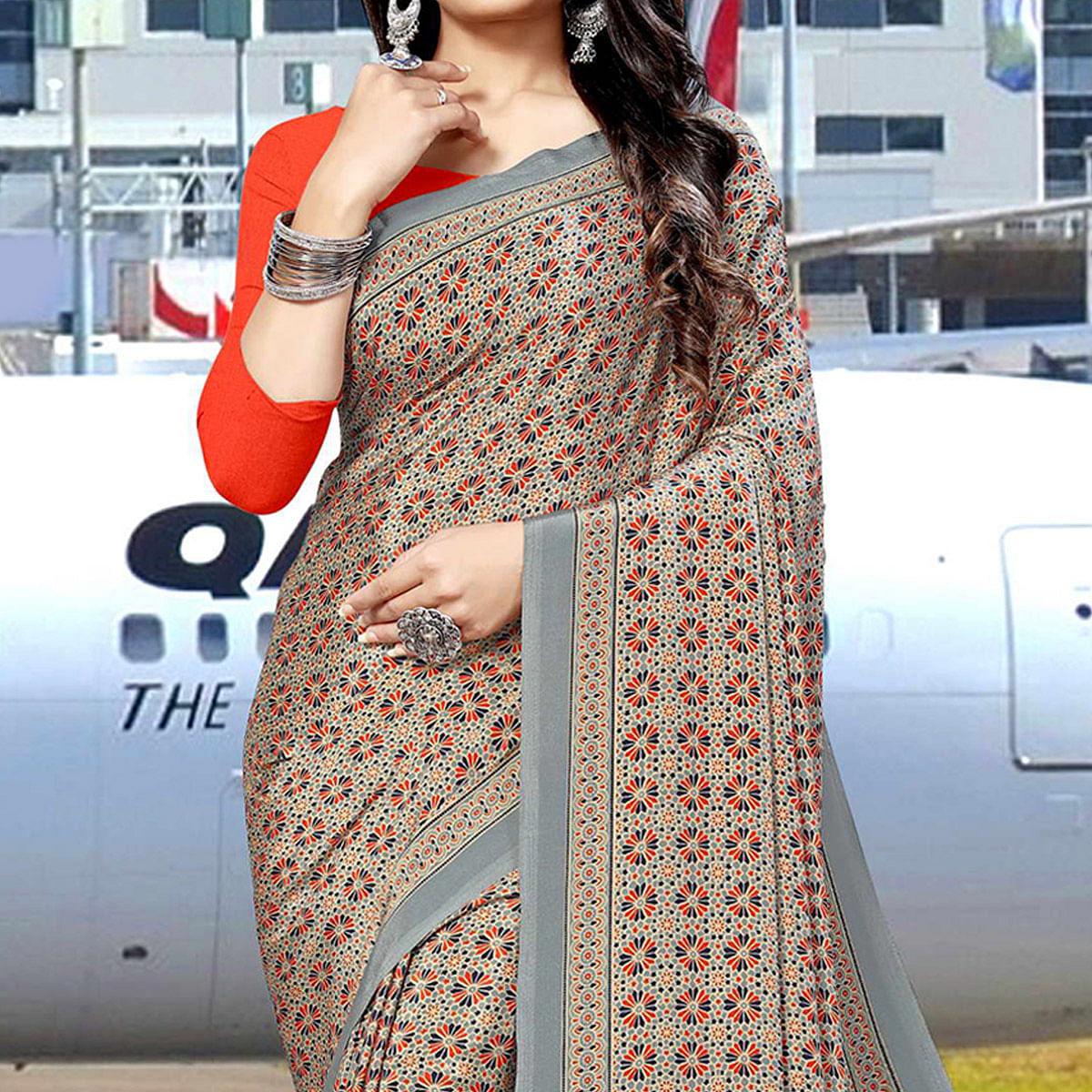Grey Casual Wear Floral Printed Silk Saree - Peachmode