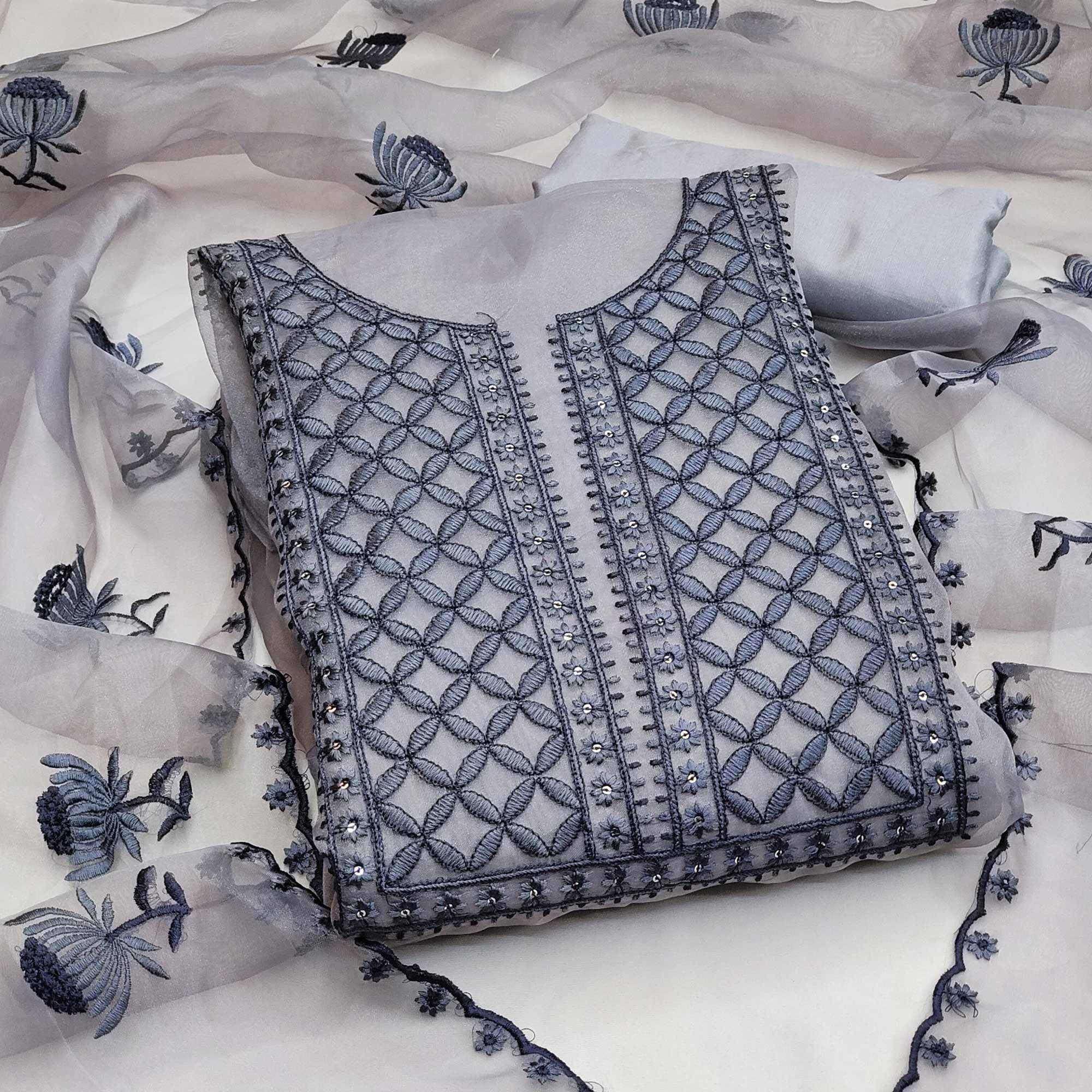 Grey Casual Wear Floral Sequence Embroidered Organza Dress Material - Peachmode