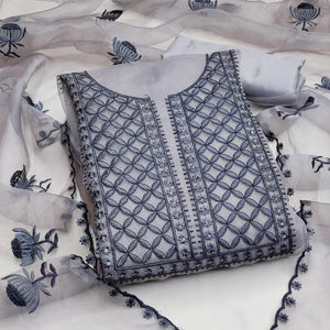 Grey Casual Wear Floral Sequence Embroidered Organza Dress Material - Peachmode