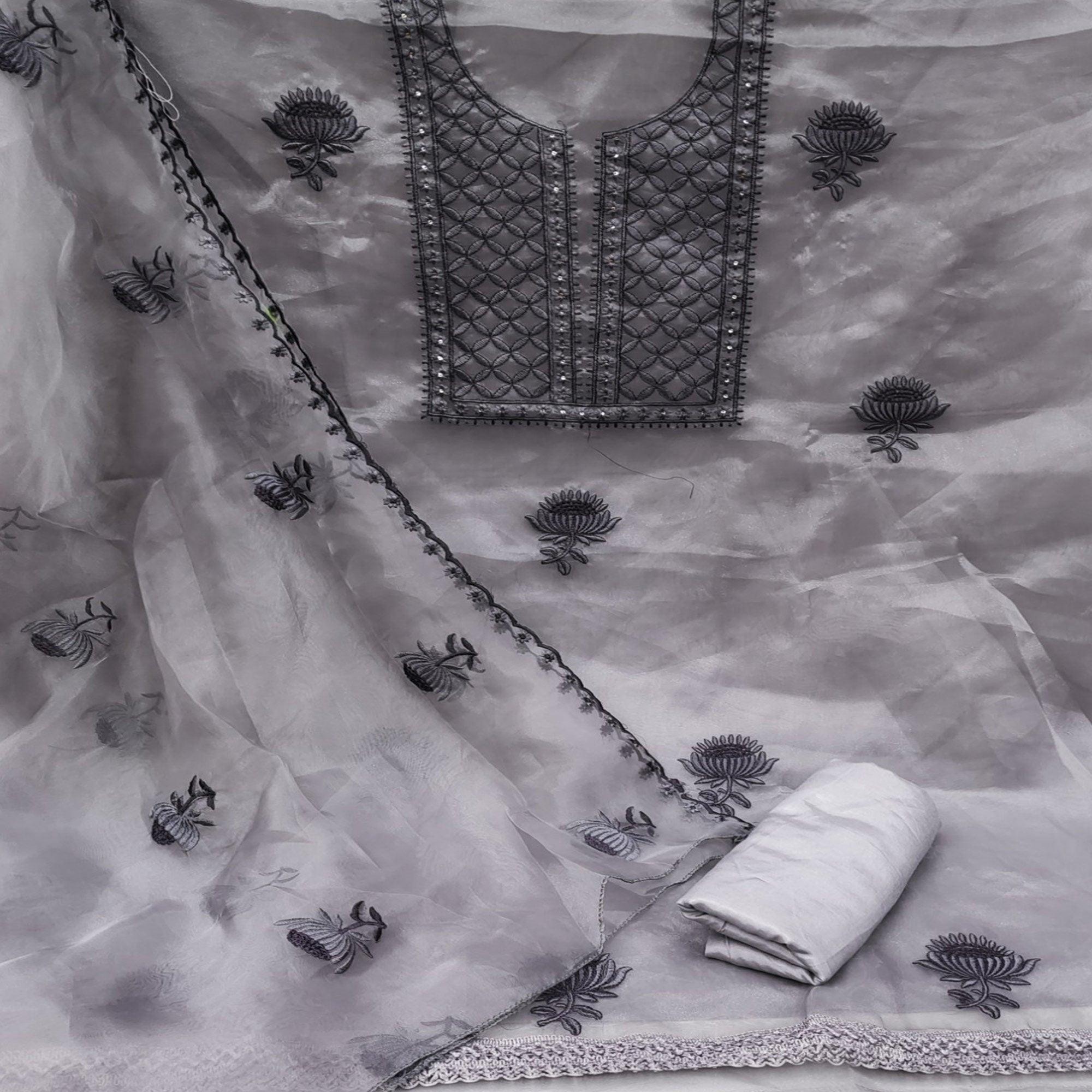 Grey Casual Wear Floral Sequence Embroidered Organza Dress Material - Peachmode