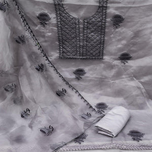 Grey Casual Wear Floral Sequence Embroidered Organza Dress Material - Peachmode