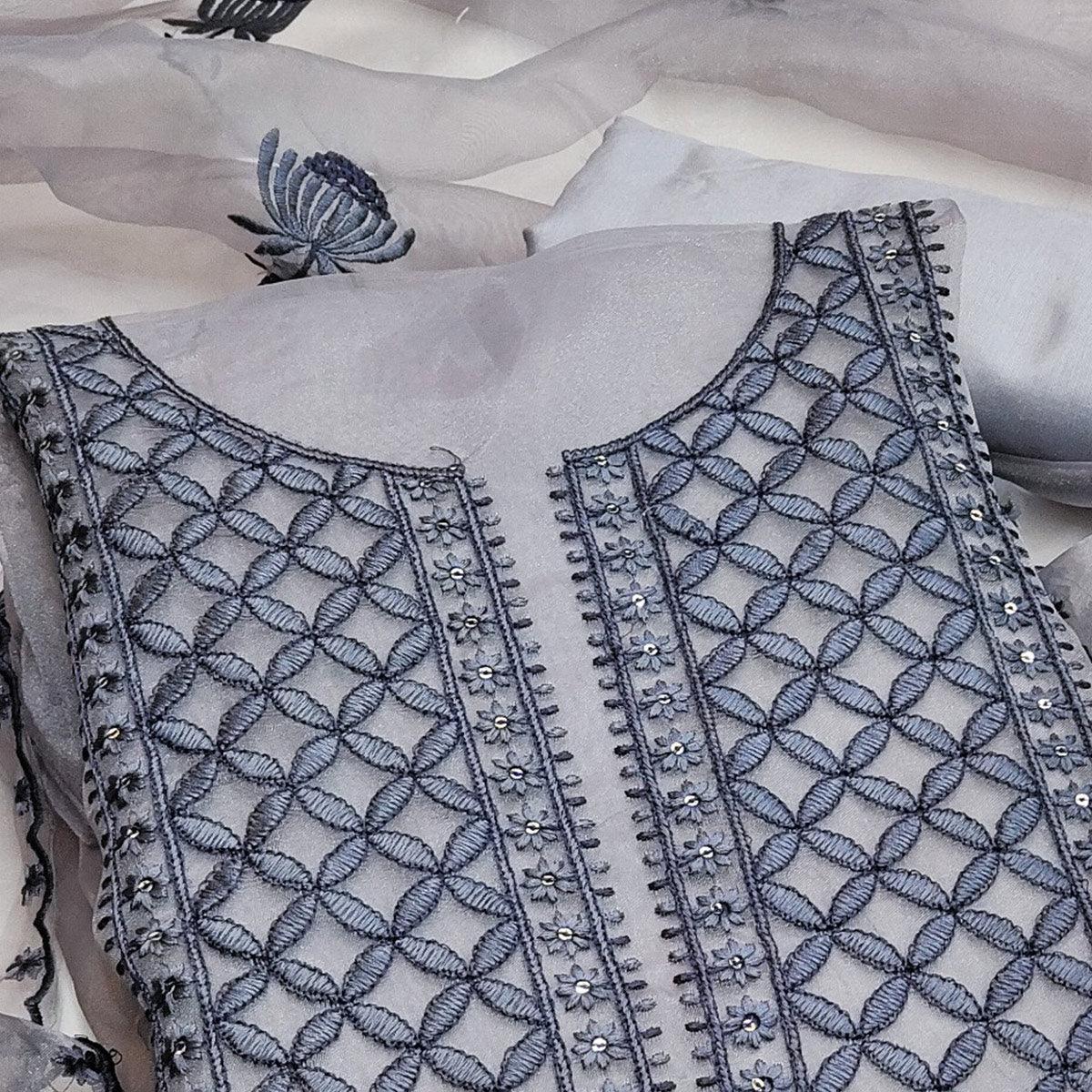Grey Casual Wear Floral Sequence Embroidered Organza Dress Material - Peachmode