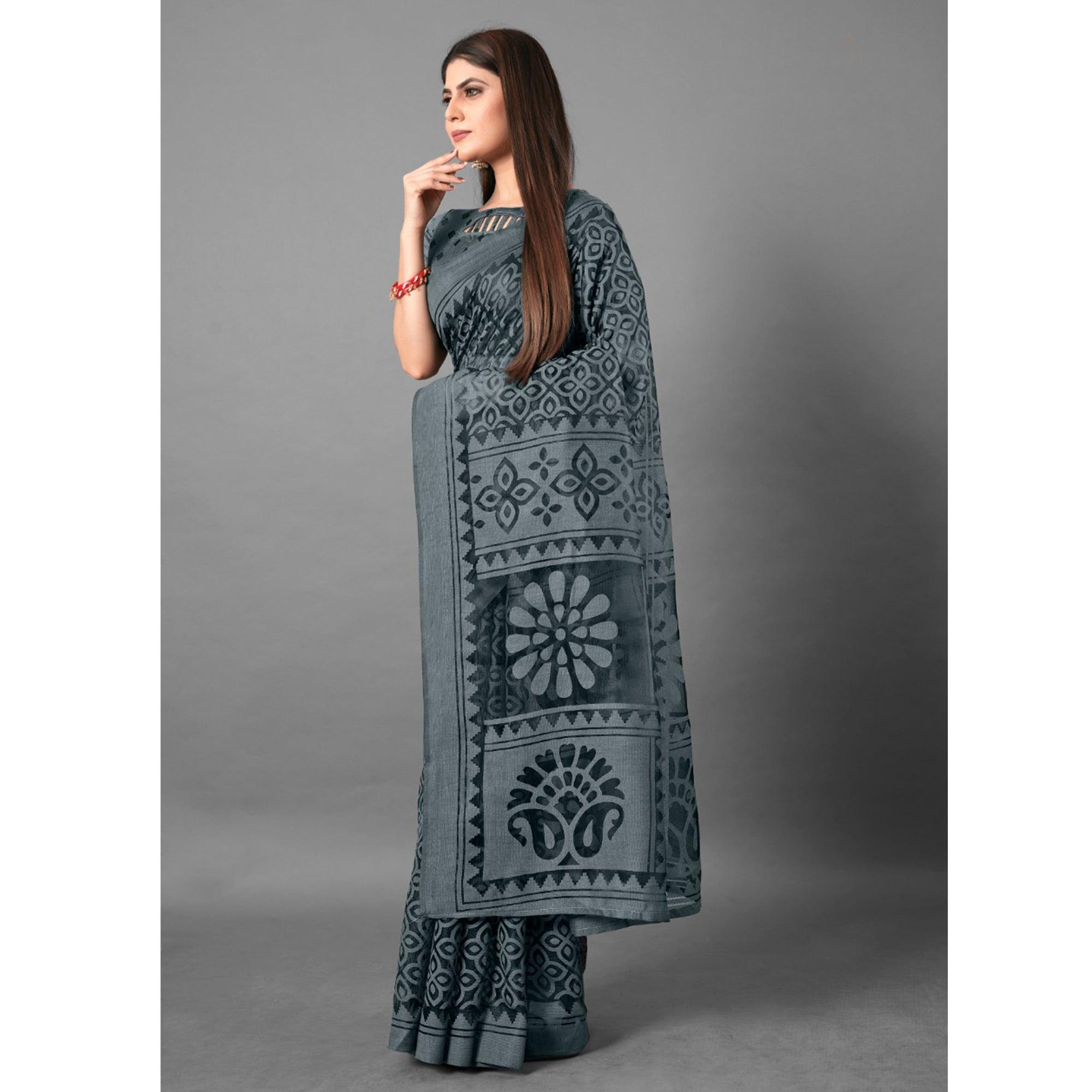Grey Casual Wear Flower Brasso Saree - Peachmode