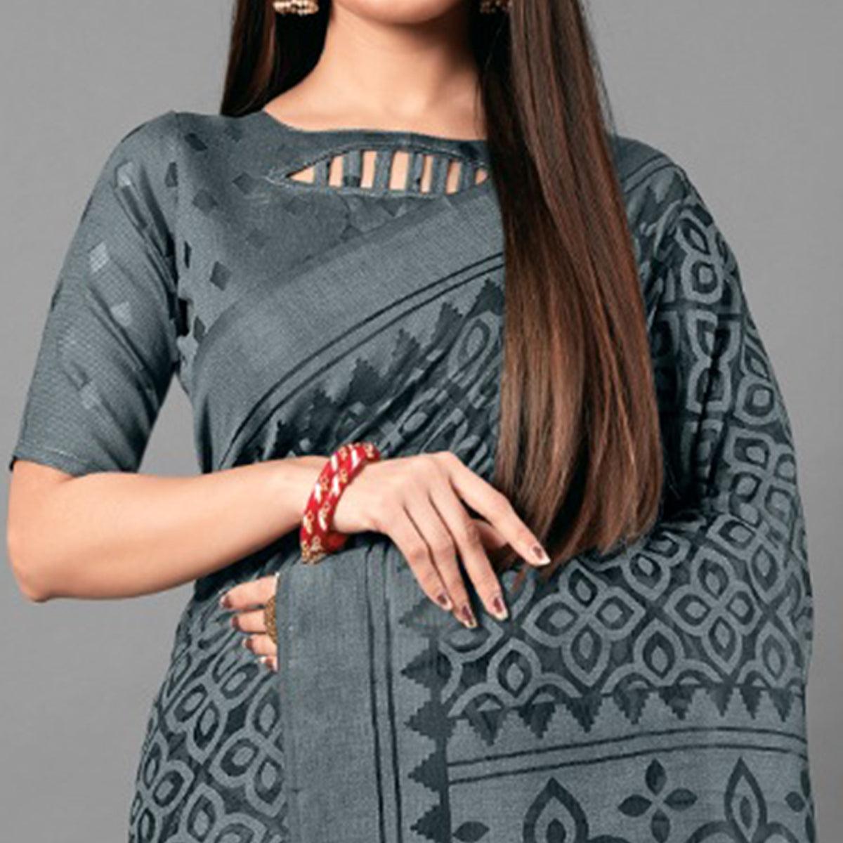 Grey Casual Wear Flower Brasso Saree - Peachmode