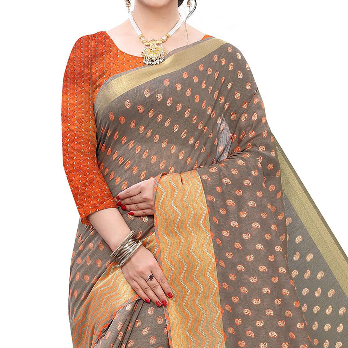 Grey Casual Wear Foil Printed Cotton Silk Saree - Peachmode