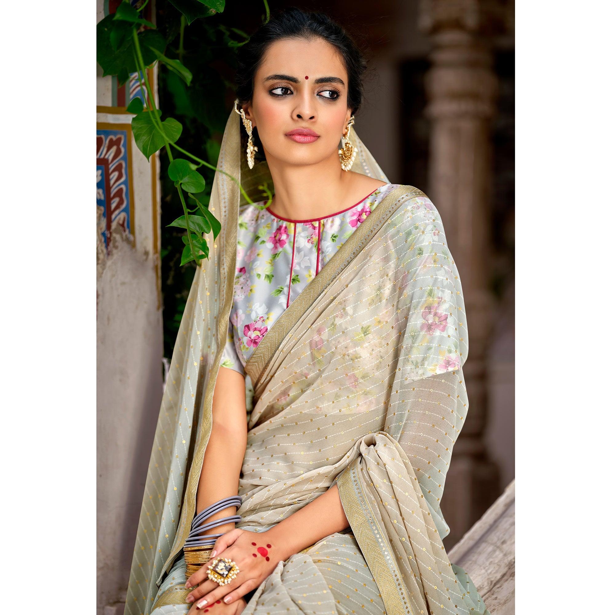 Grey Casual Wear Foil Printed Georgette Saree - Peachmode