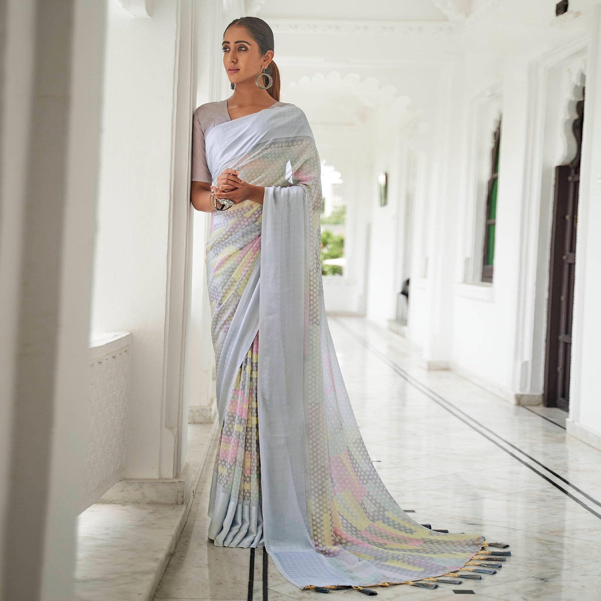 Grey Casual Wear Foil Printed Georgette Saree With Jacquard Border - Peachmode