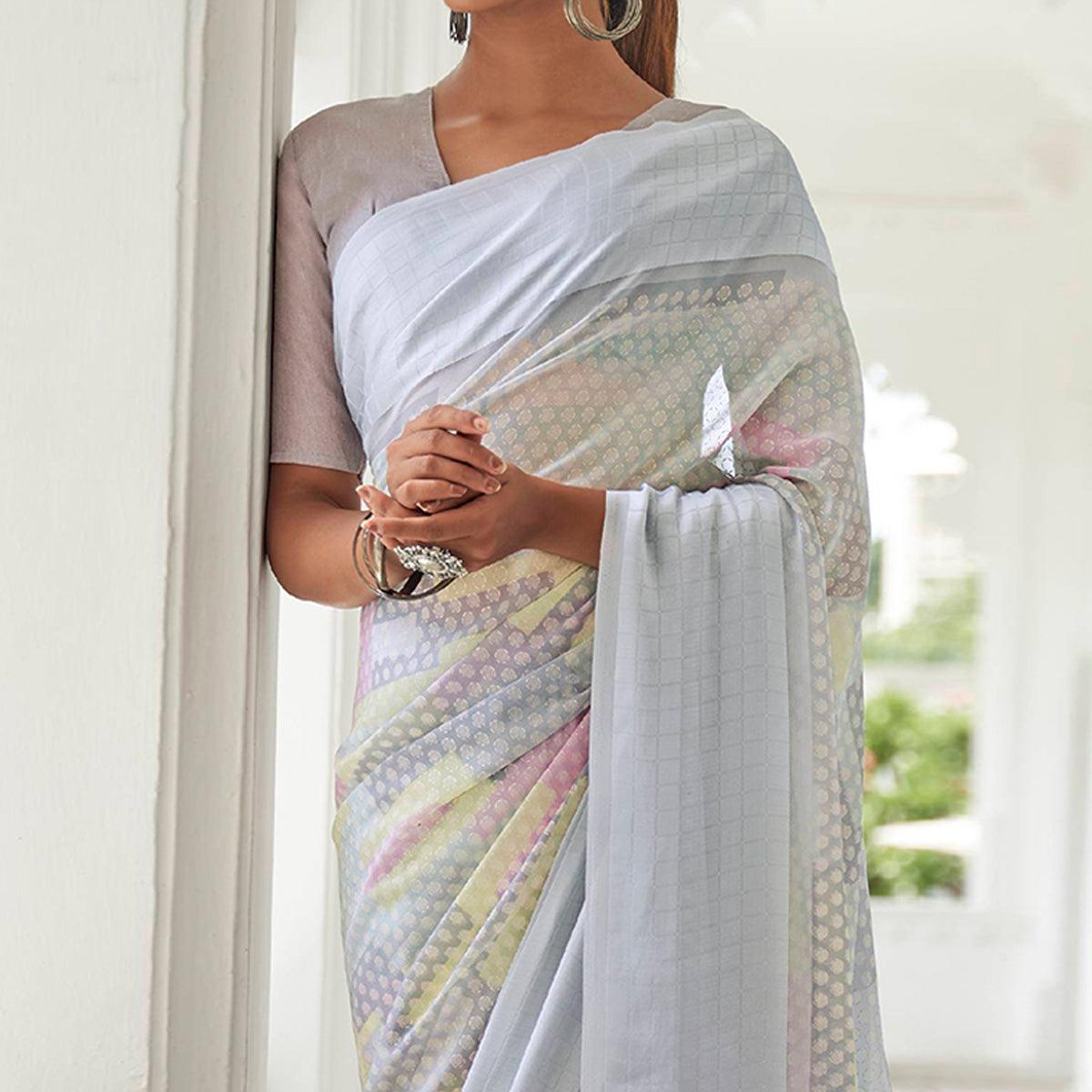 Grey Casual Wear Foil Printed Georgette Saree With Jacquard Border - Peachmode
