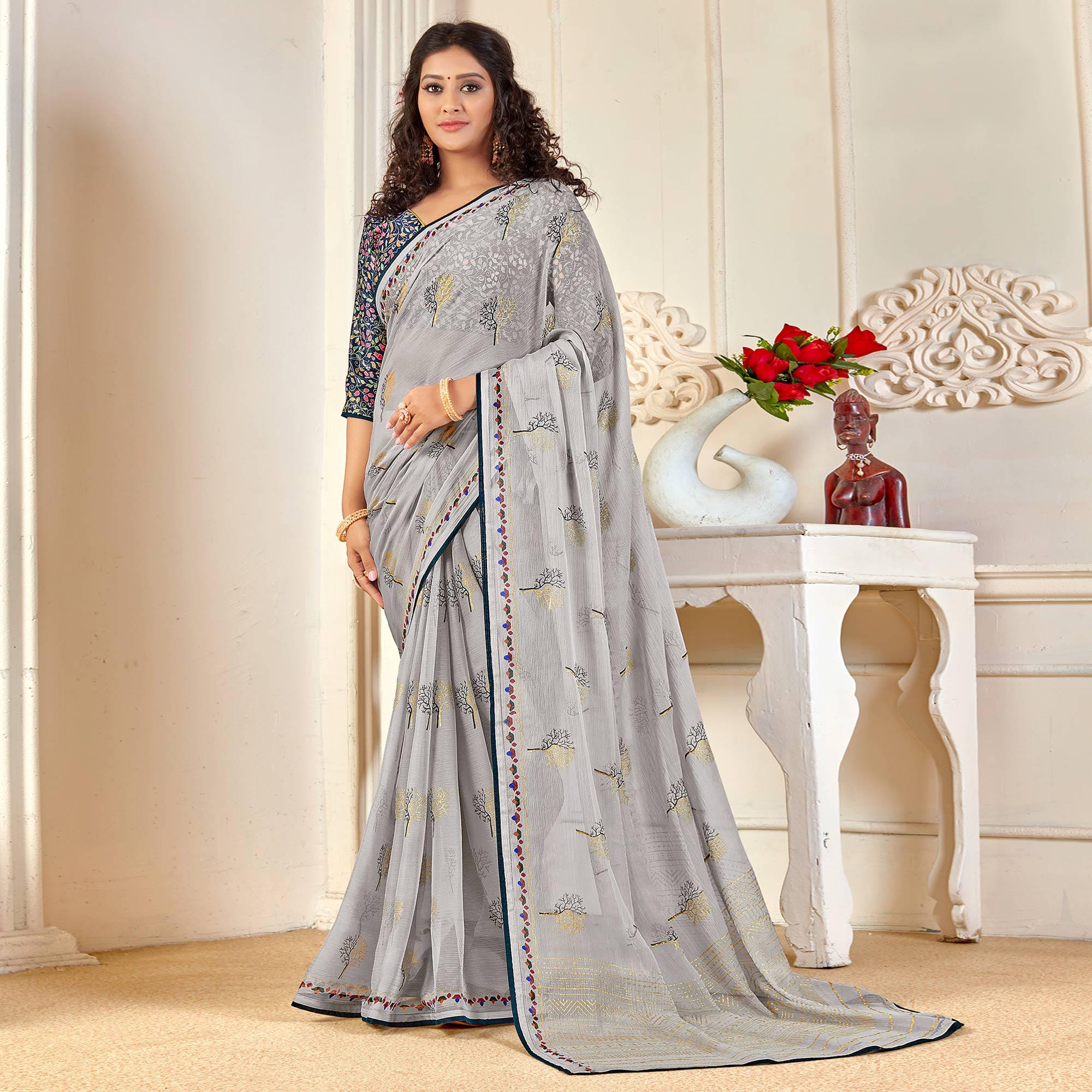 Grey Casual Wear Foil Printed Pure Chiffon Saree - Peachmode