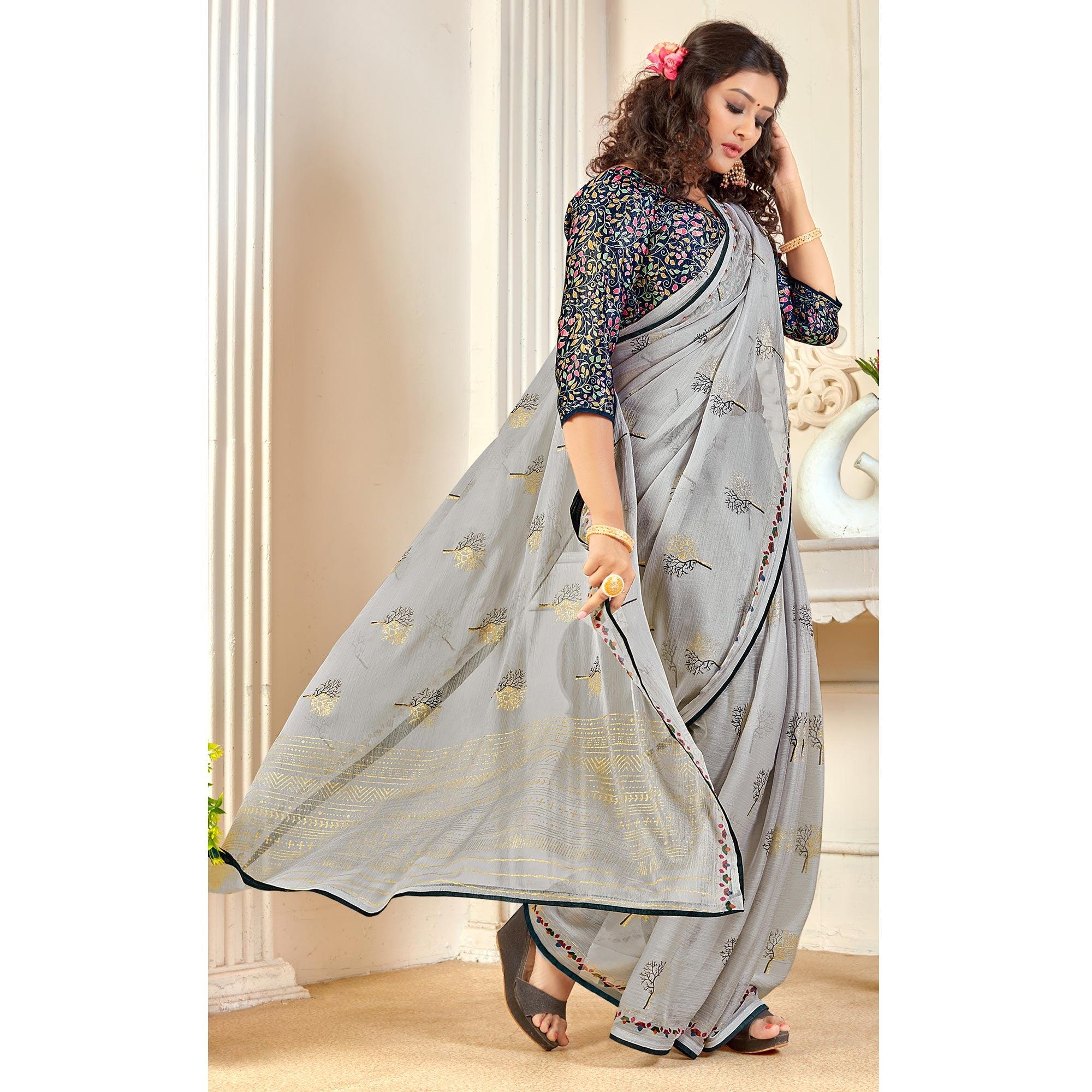 Grey Casual Wear Foil Printed Pure Chiffon Saree - Peachmode