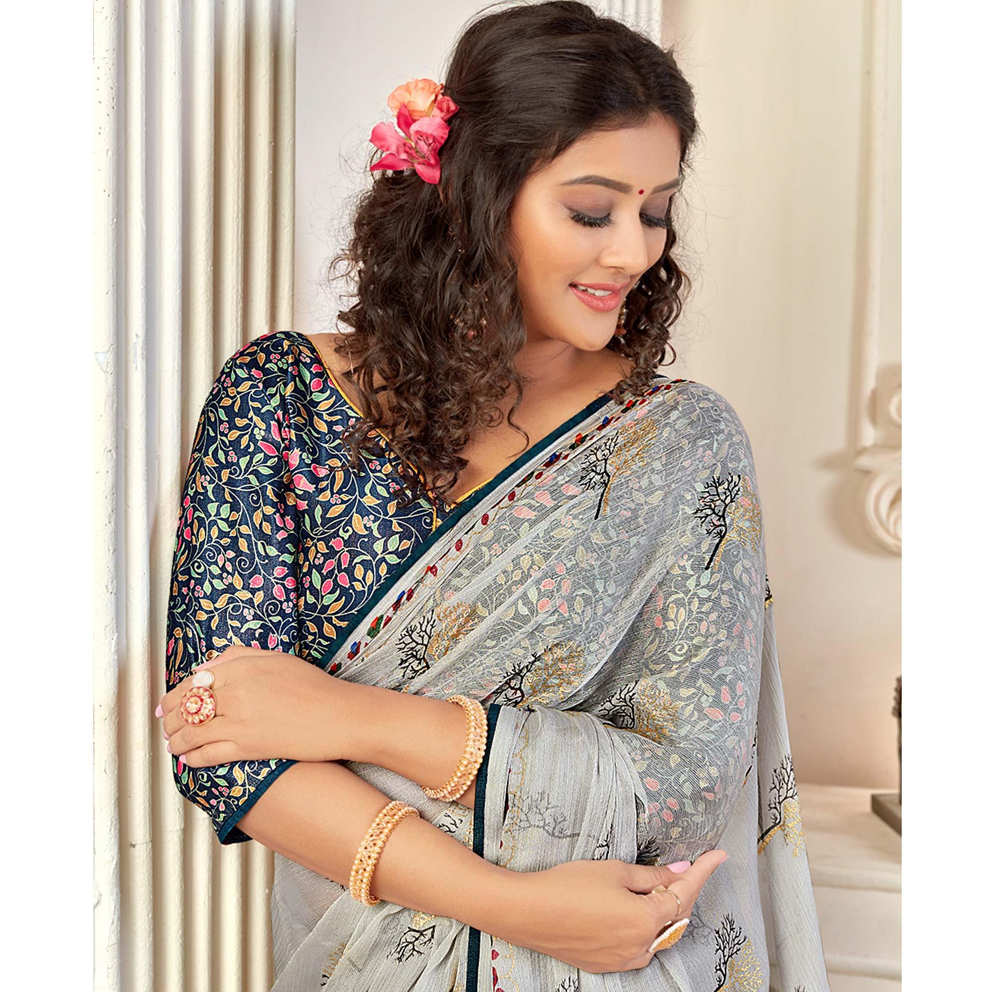 Grey Casual Wear Foil Printed Pure Chiffon Saree - Peachmode