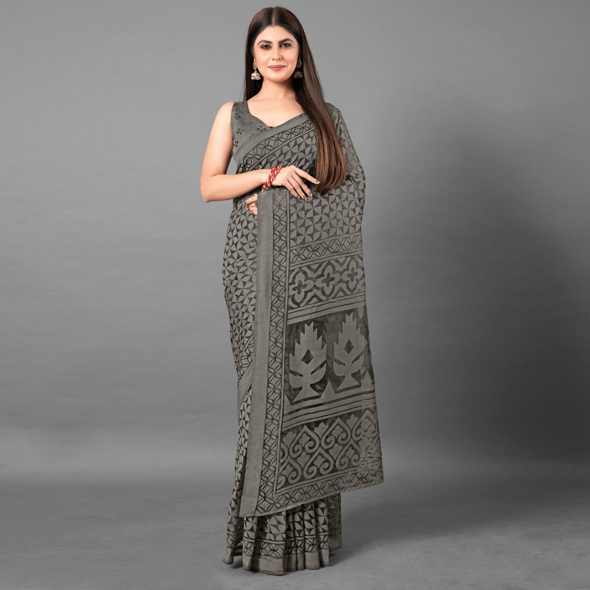 Grey Casual Wear Geometric Brasso Saree - Peachmode