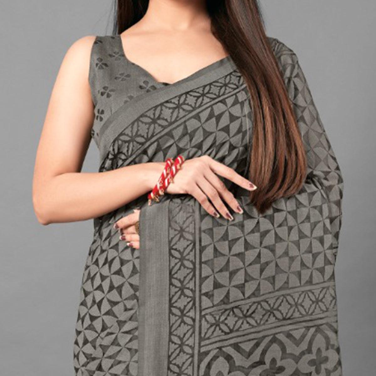 Grey Casual Wear Geometric Brasso Saree - Peachmode