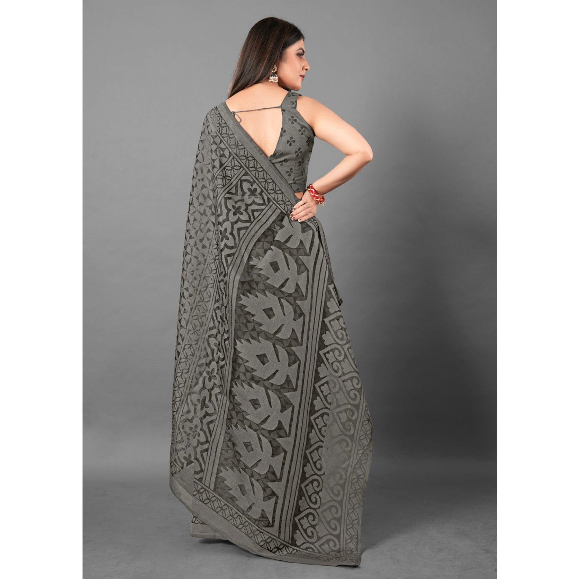 Grey Casual Wear Geometric Brasso Saree - Peachmode