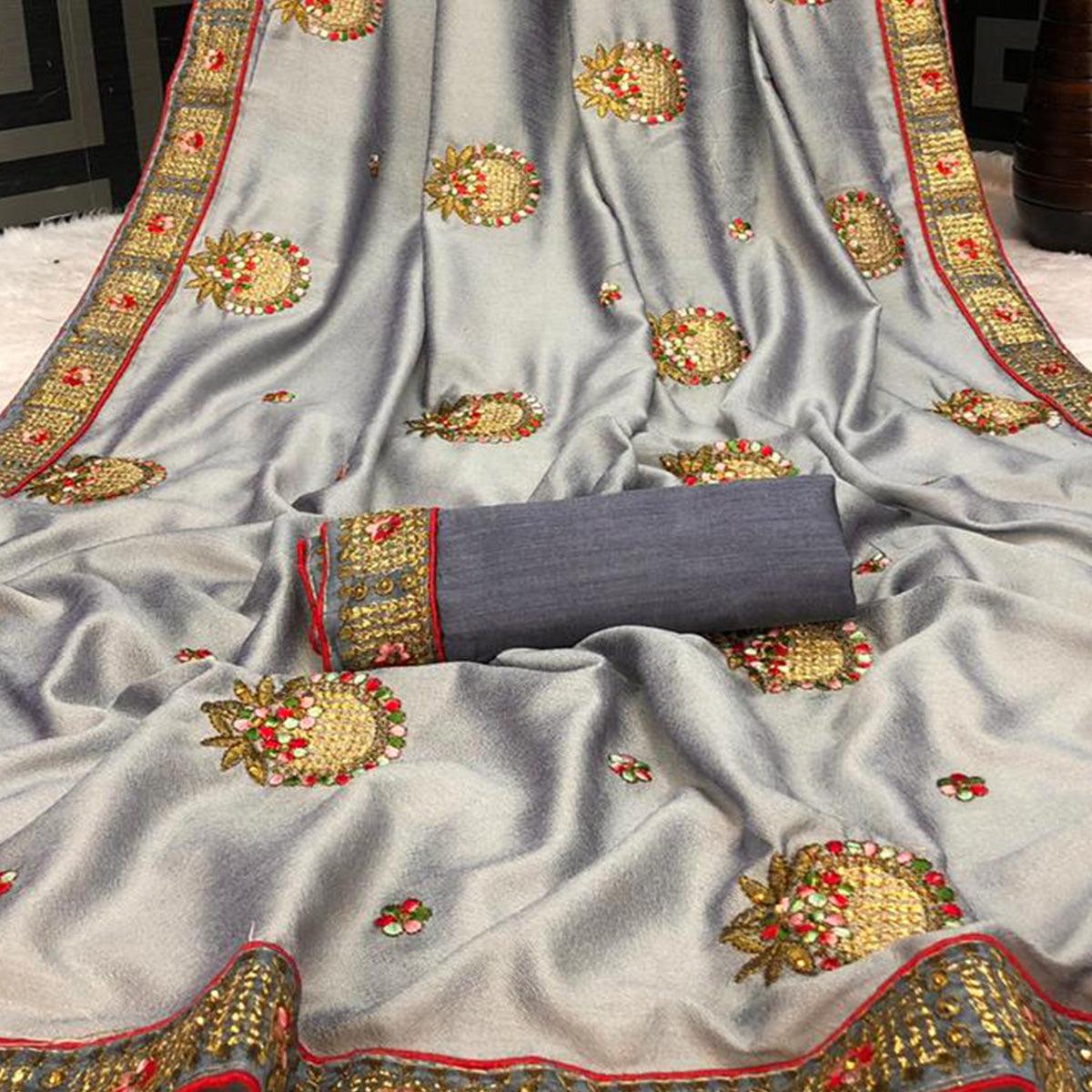 Grey Casual Wear Heavy Embroidered & Stone Work Silk Saree - Peachmode