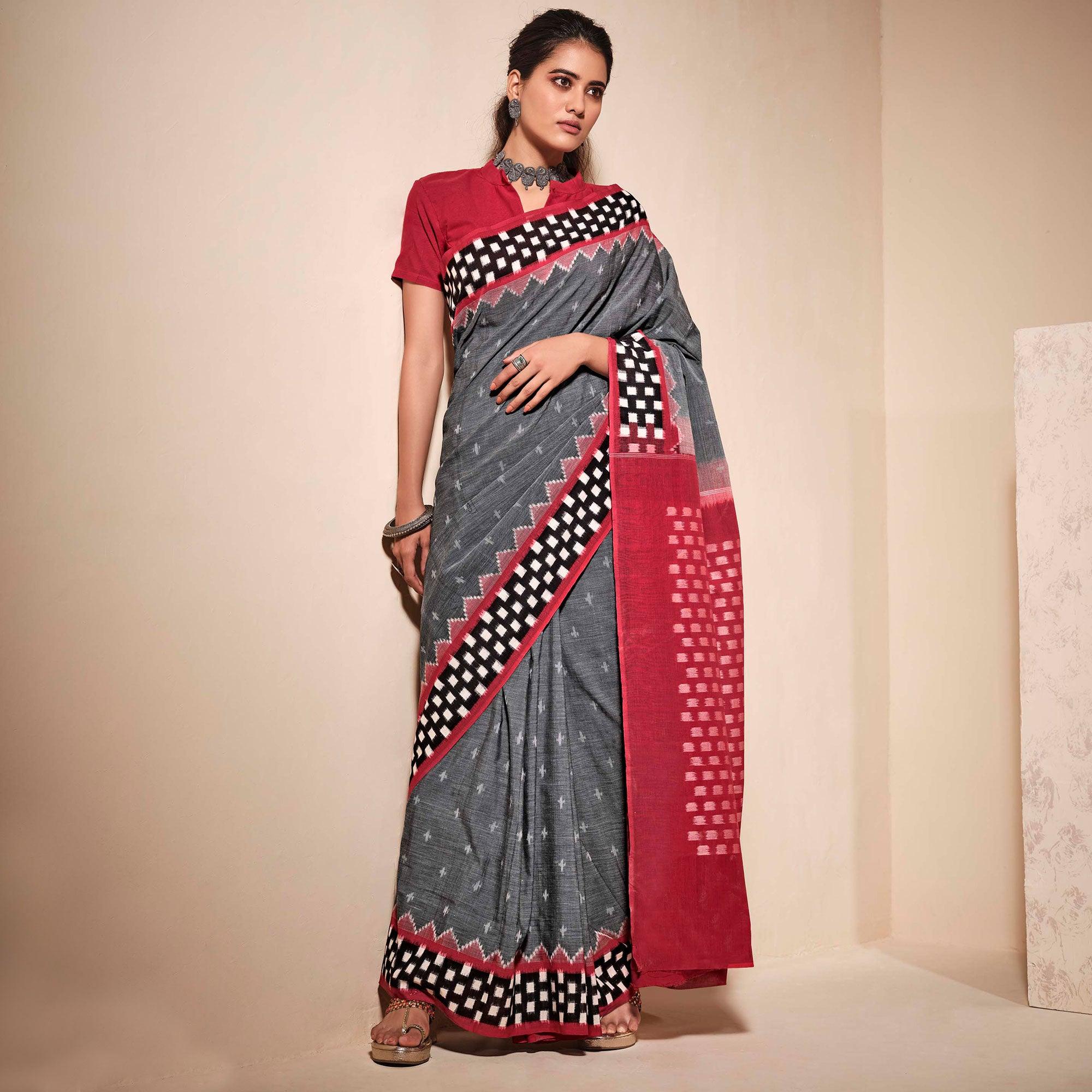 Grey Casual Wear Ikkat Printed Mul Mul Cotton Saree - Peachmode