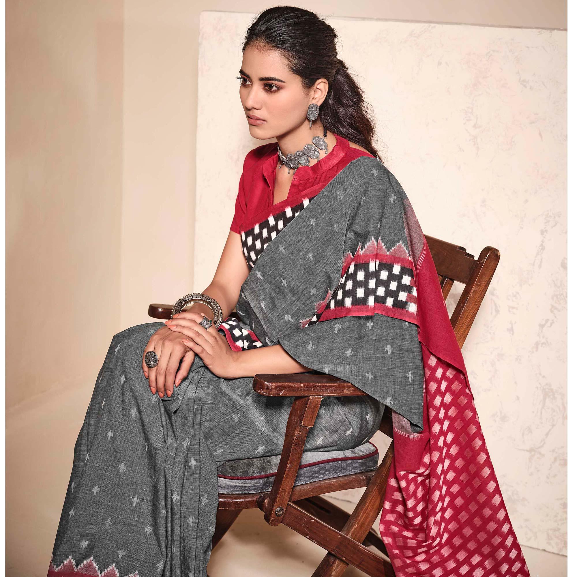 Grey Casual Wear Ikkat Printed Mul Mul Cotton Saree - Peachmode