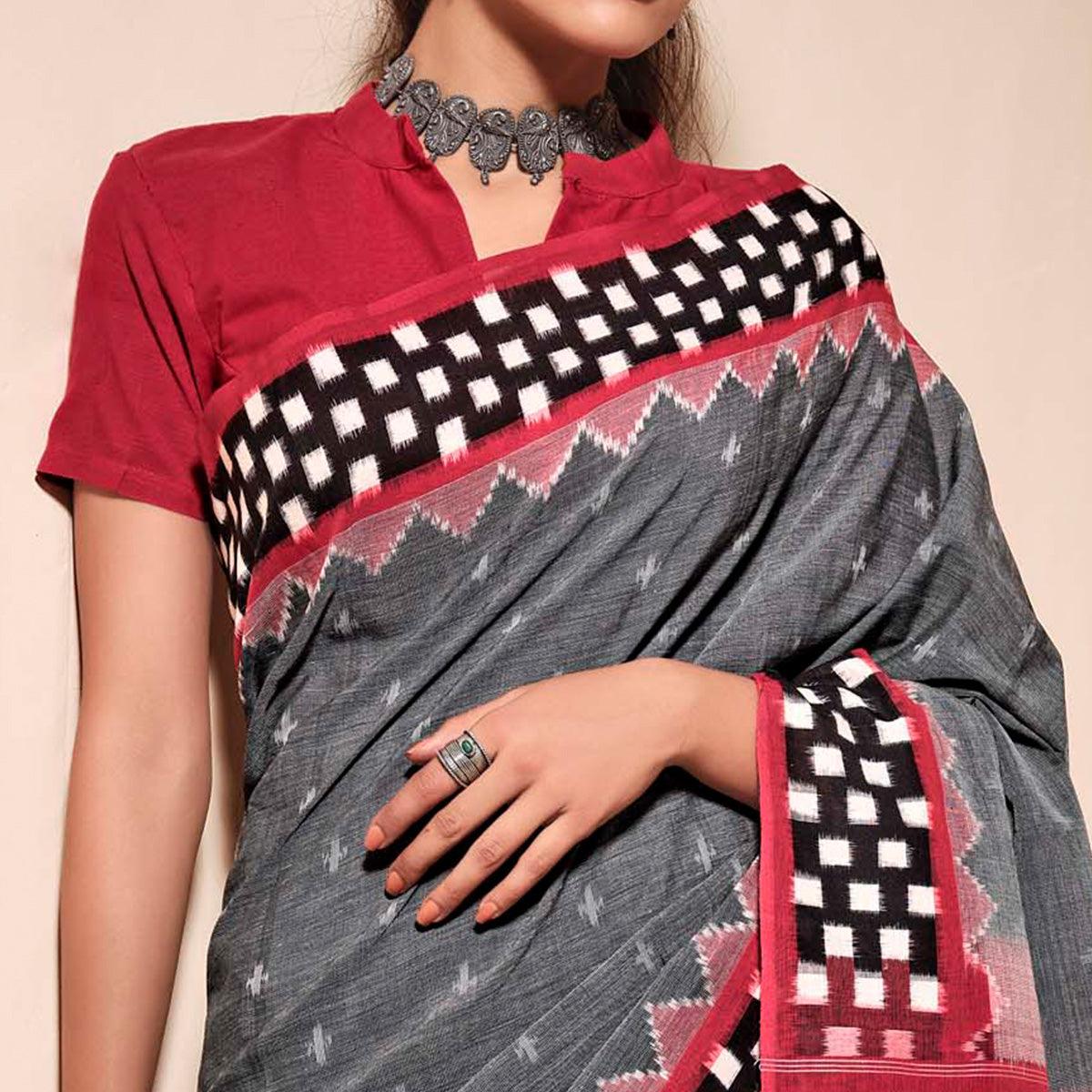 Grey Casual Wear Ikkat Printed Mul Mul Cotton Saree - Peachmode