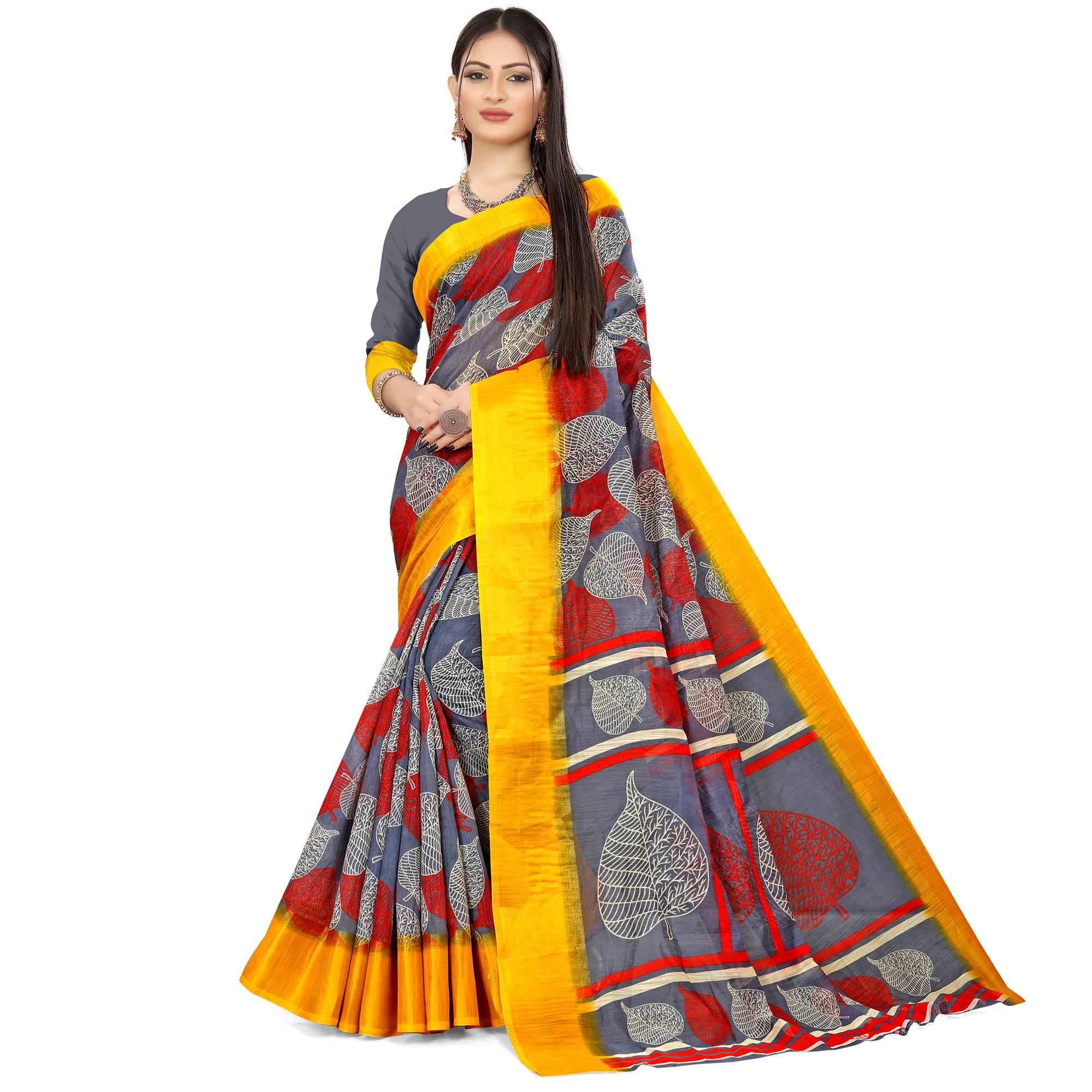 Grey Casual Wear Leaf Printed Cotton Linen Saree - Peachmode