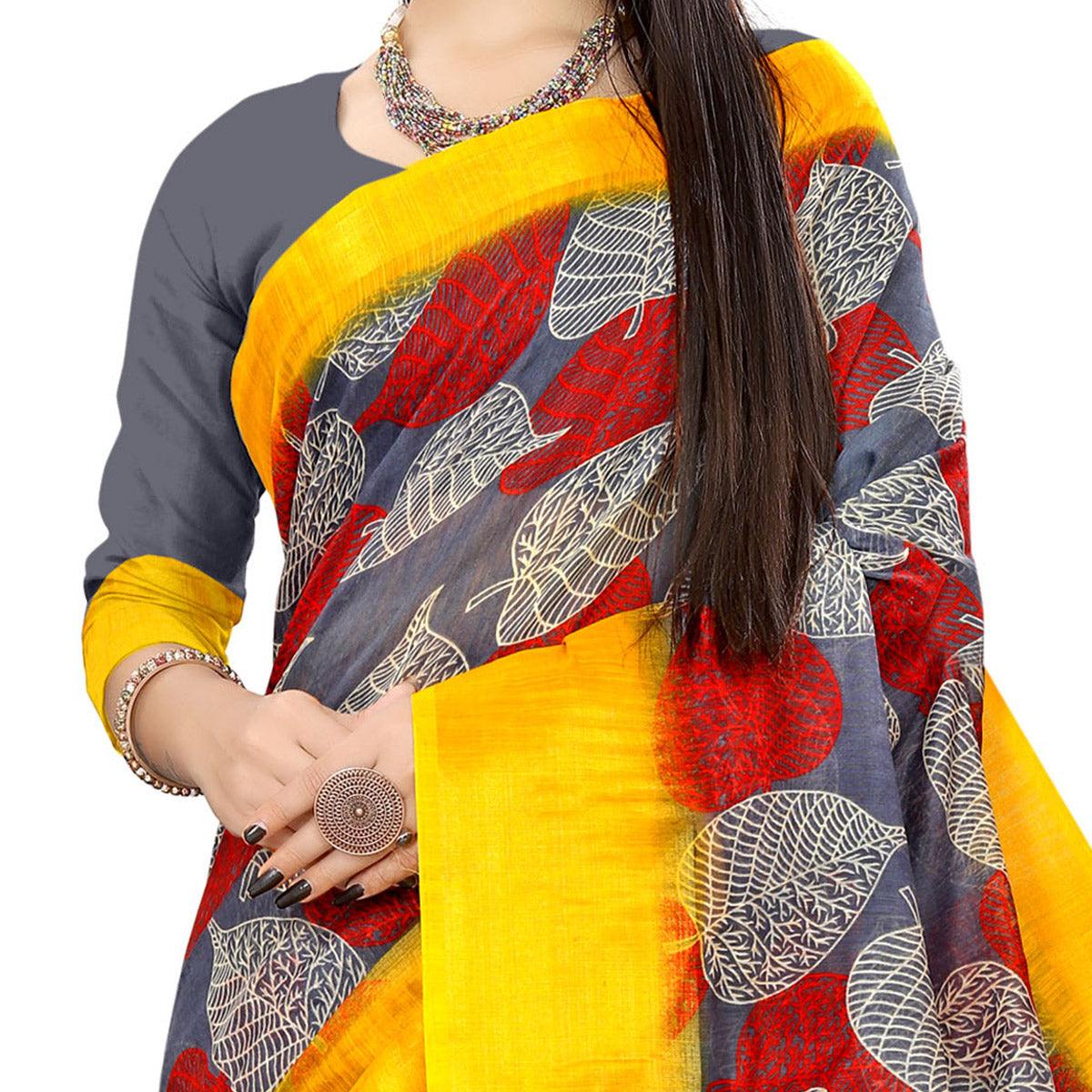 Grey Casual Wear Leaf Printed Cotton Linen Saree - Peachmode