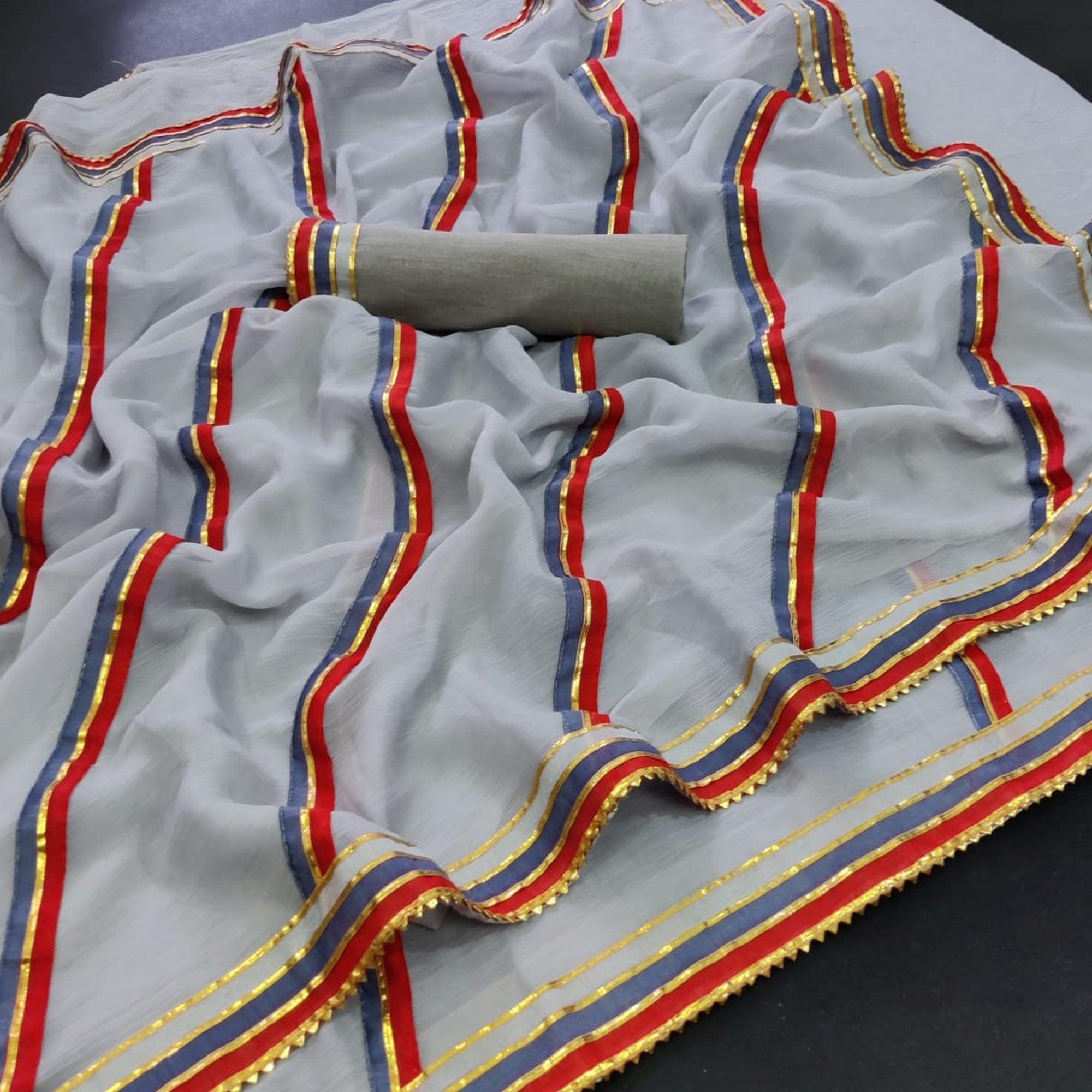 Grey Casual Wear Leheriya Soft Chiffon Saree With Fancy Border - Peachmode
