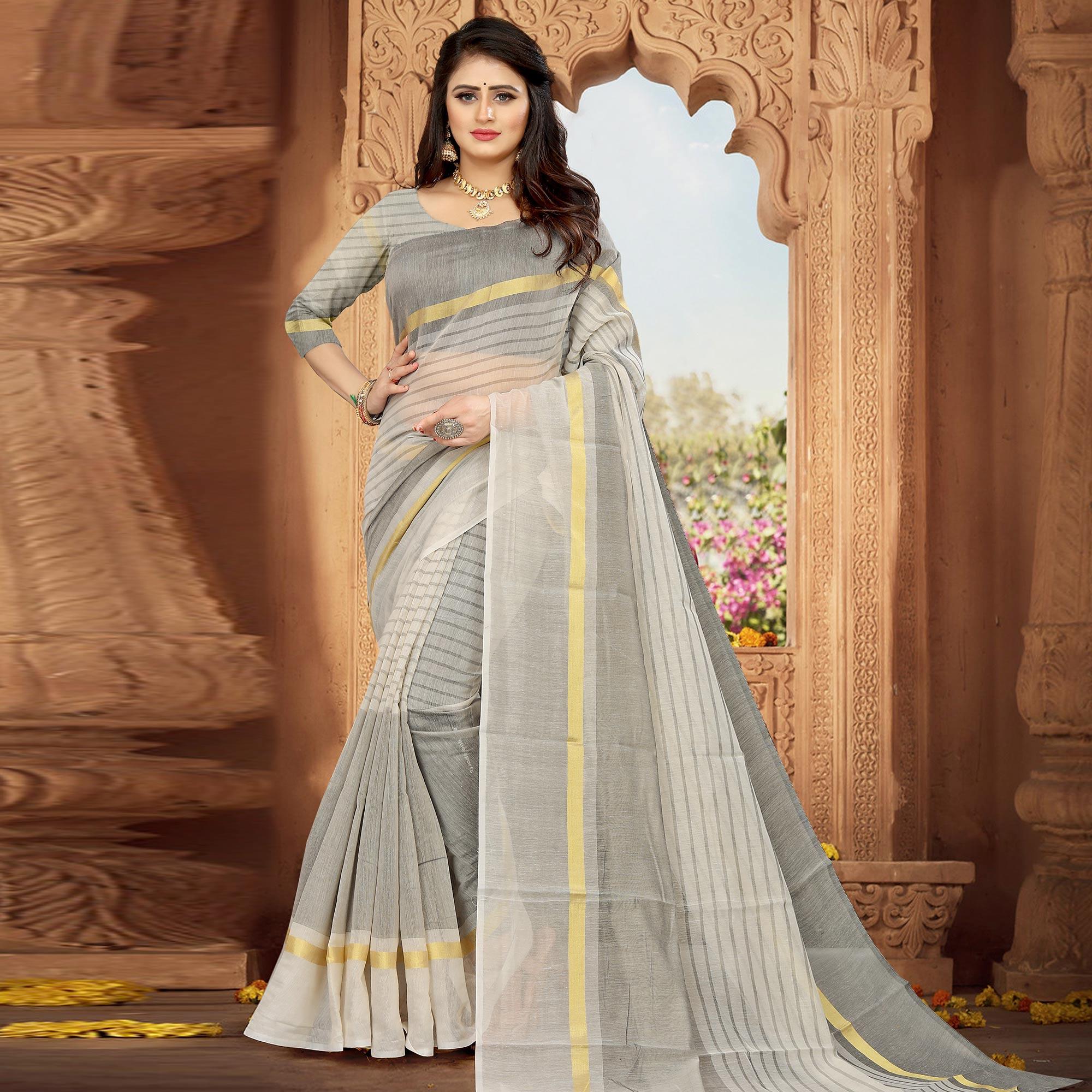 Grey Casual Wear Printed Art Silk Saree - Peachmode