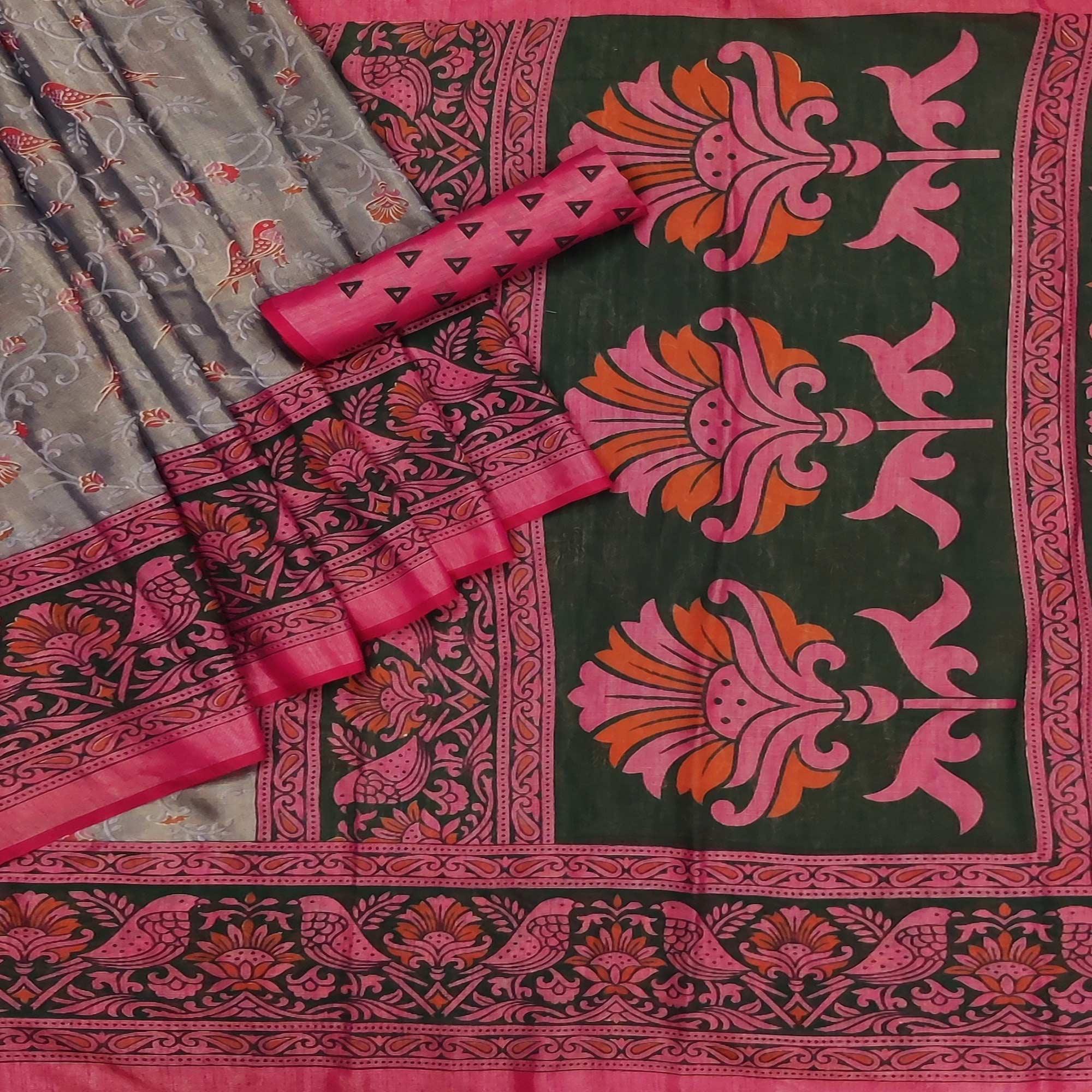 Grey Casual Wear Printed Art Silk Saree - Peachmode