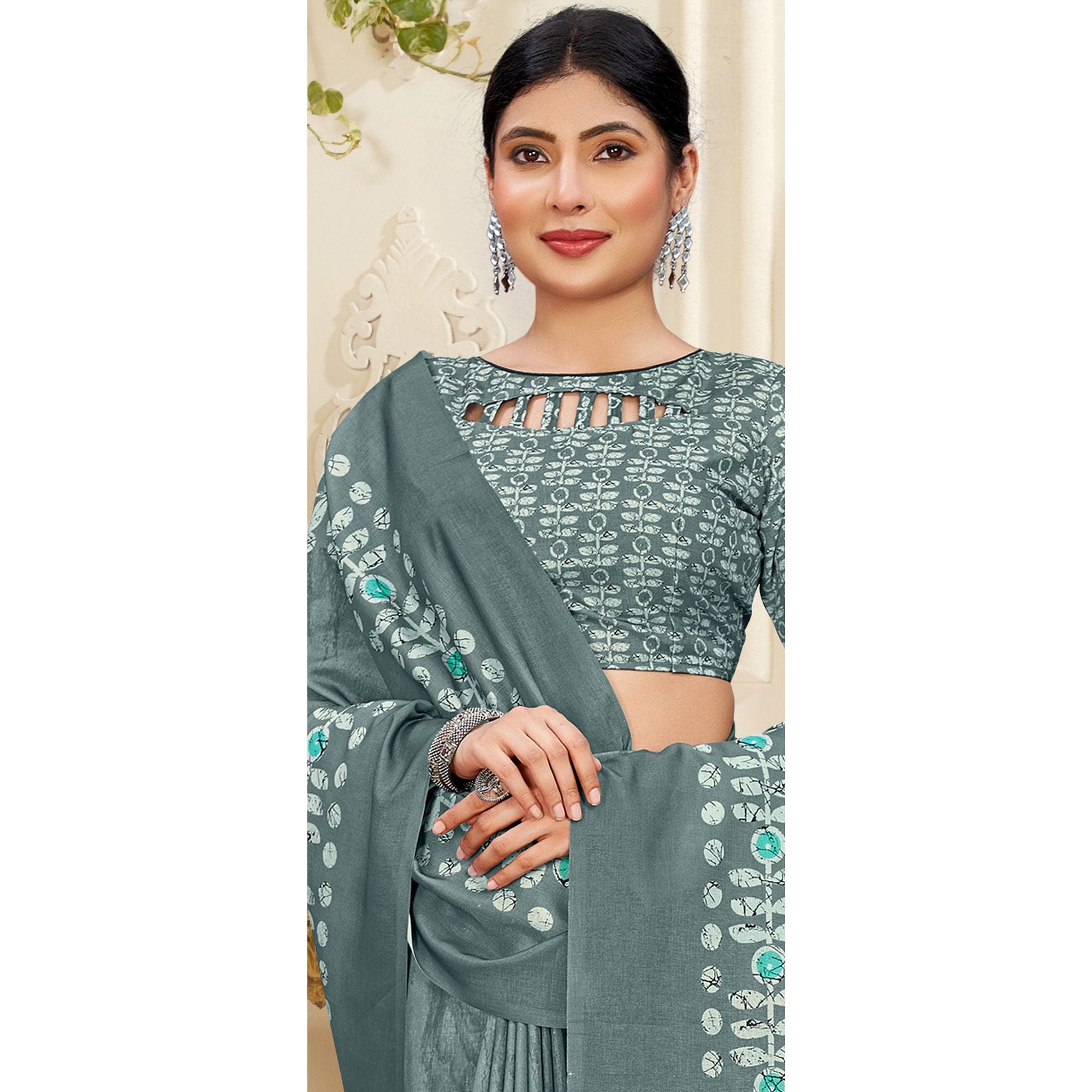 Grey Casual Wear Printed Art Silk Saree - Peachmode