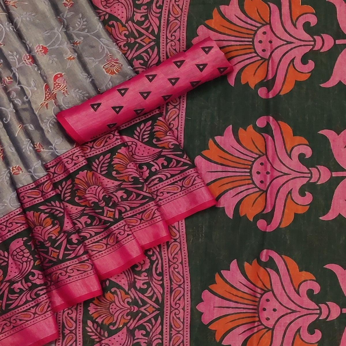 Grey Casual Wear Printed Art Silk Saree - Peachmode