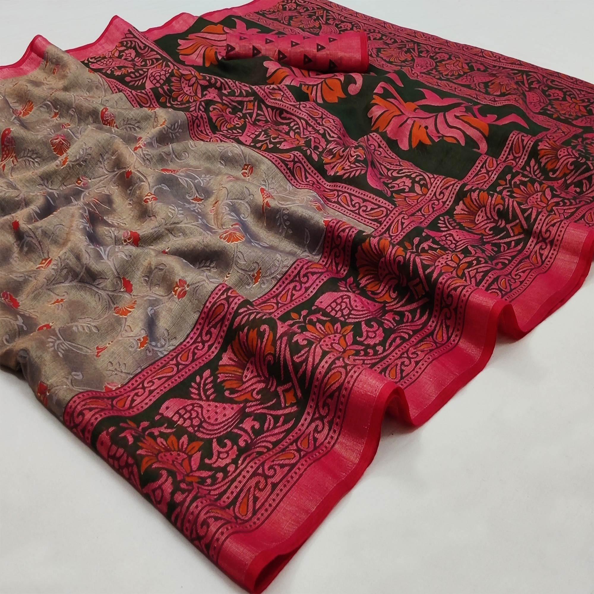 Grey Casual Wear Printed Art Silk Saree - Peachmode