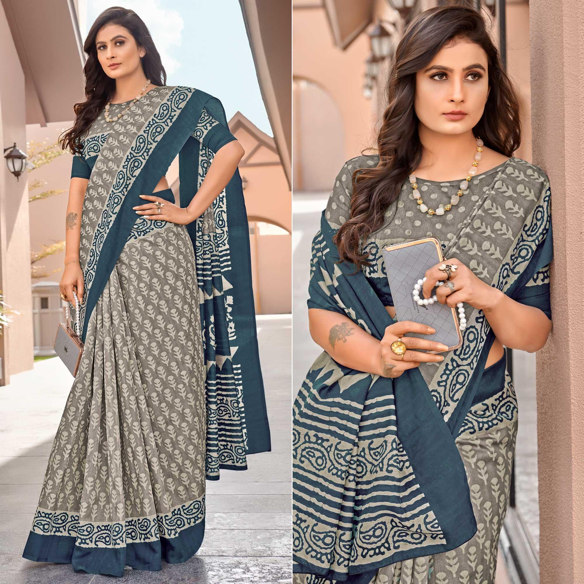 Grey Casual Wear Printed Bhagalpuri Sarees - Peachmode