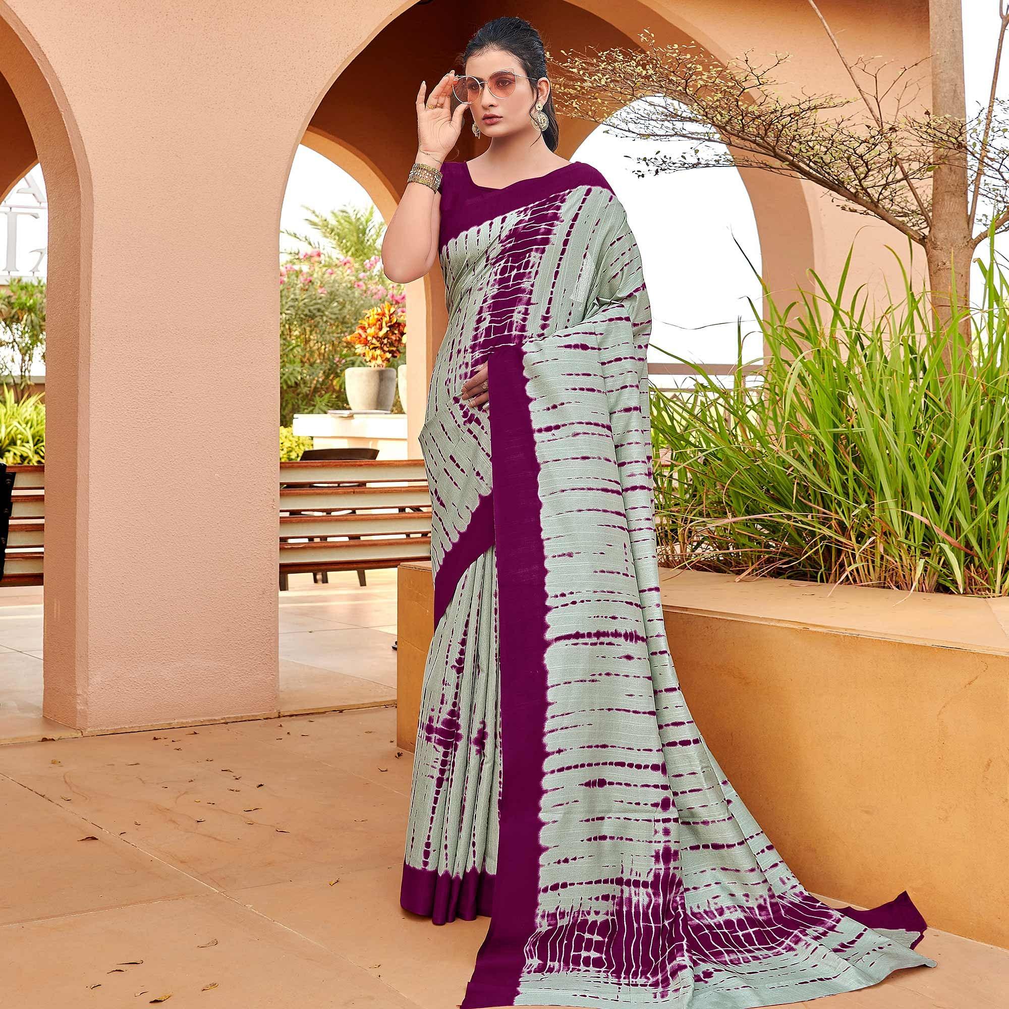 Grey Casual Wear Printed Bhagalpuri Silk Saree - Peachmode