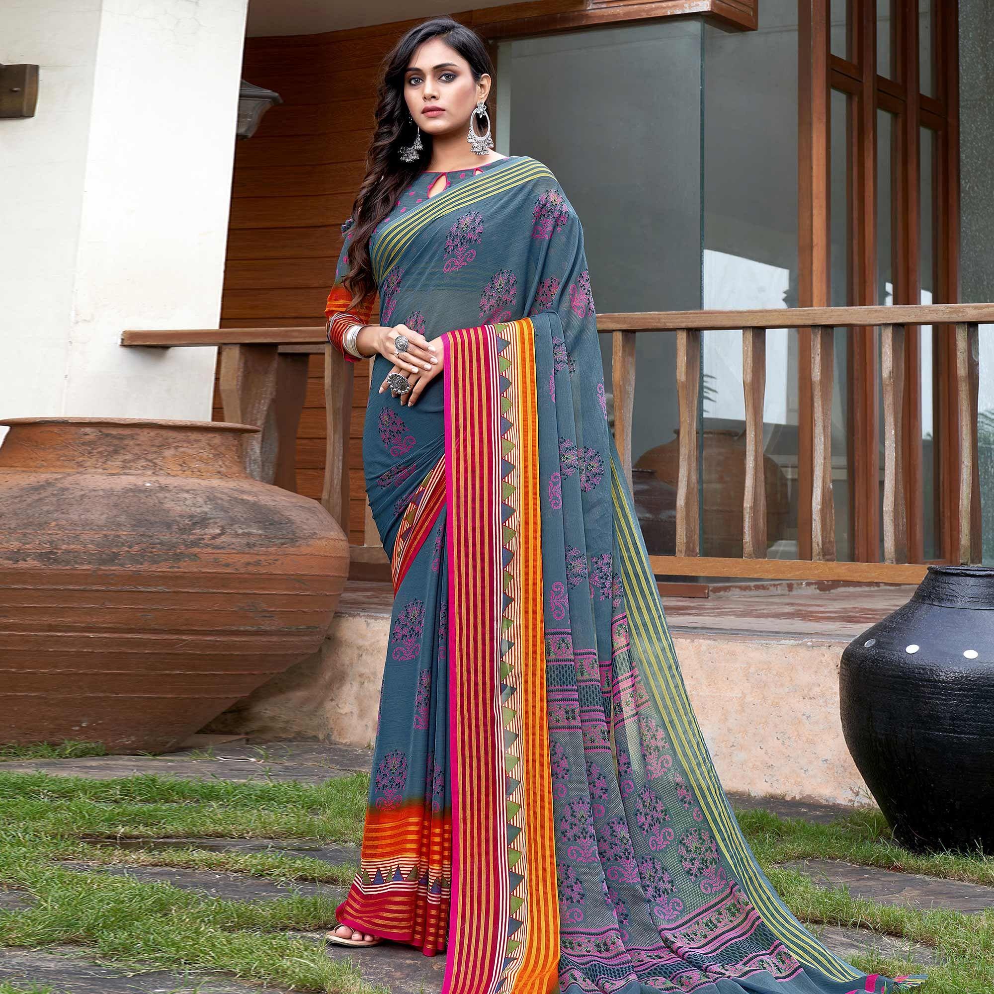 Grey Casual Wear Printed Chiffon Saree - Peachmode