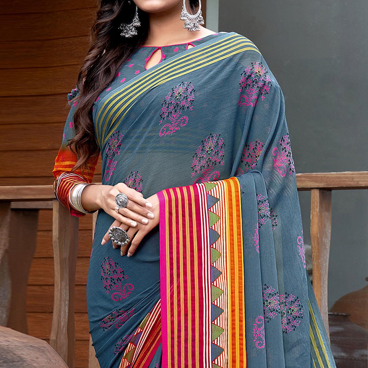 Grey Casual Wear Printed Chiffon Saree - Peachmode