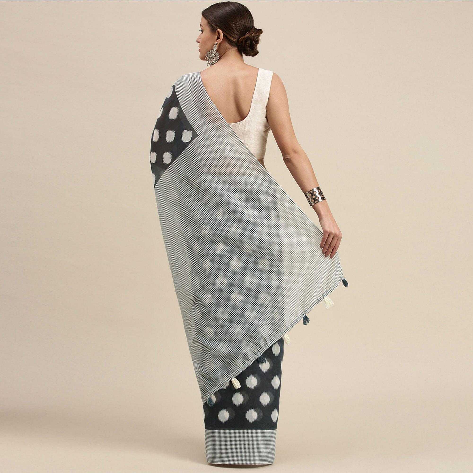 Grey Casual Wear Printed Cotton Blend Saree With Tassels - Peachmode