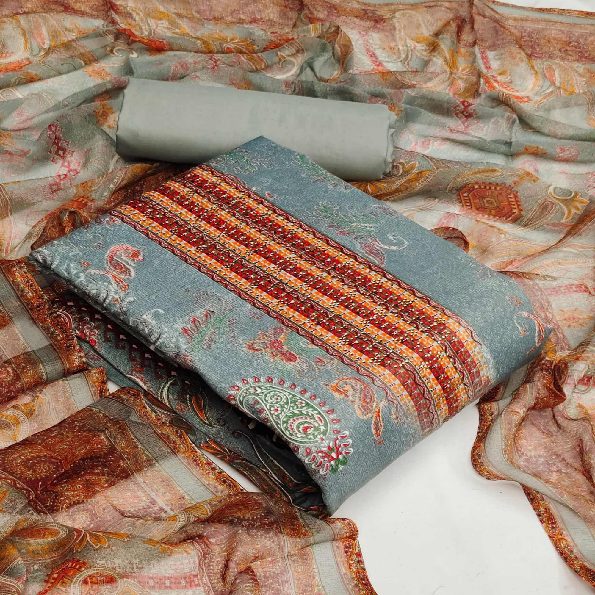Grey Casual Wear Printed Cotton Dress Material - Peachmode