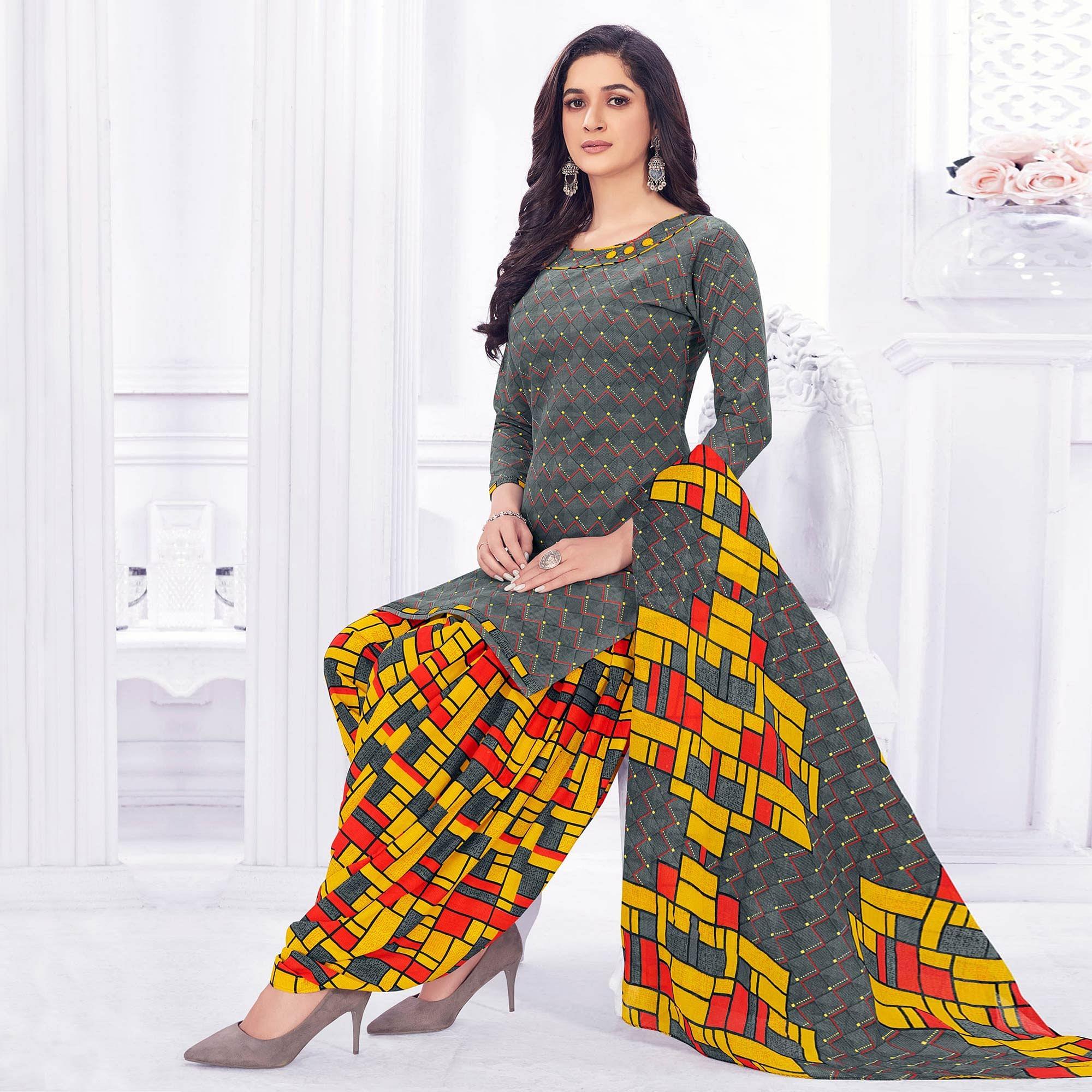 Grey Casual Wear Printed Cotton Dress Material - Peachmode