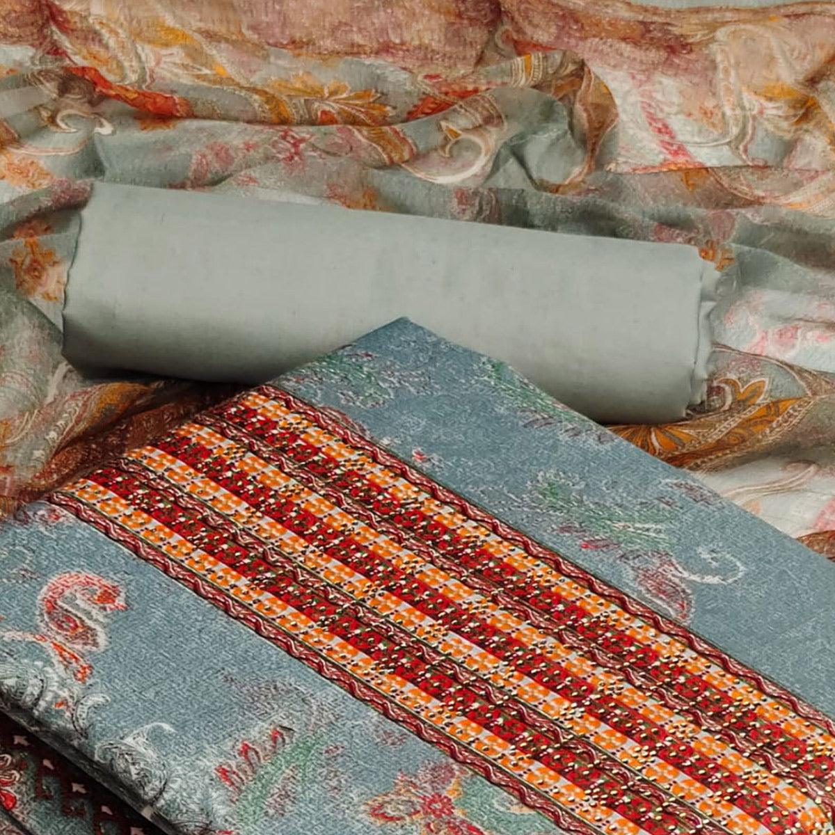 Grey Casual Wear Printed Cotton Dress Material - Peachmode