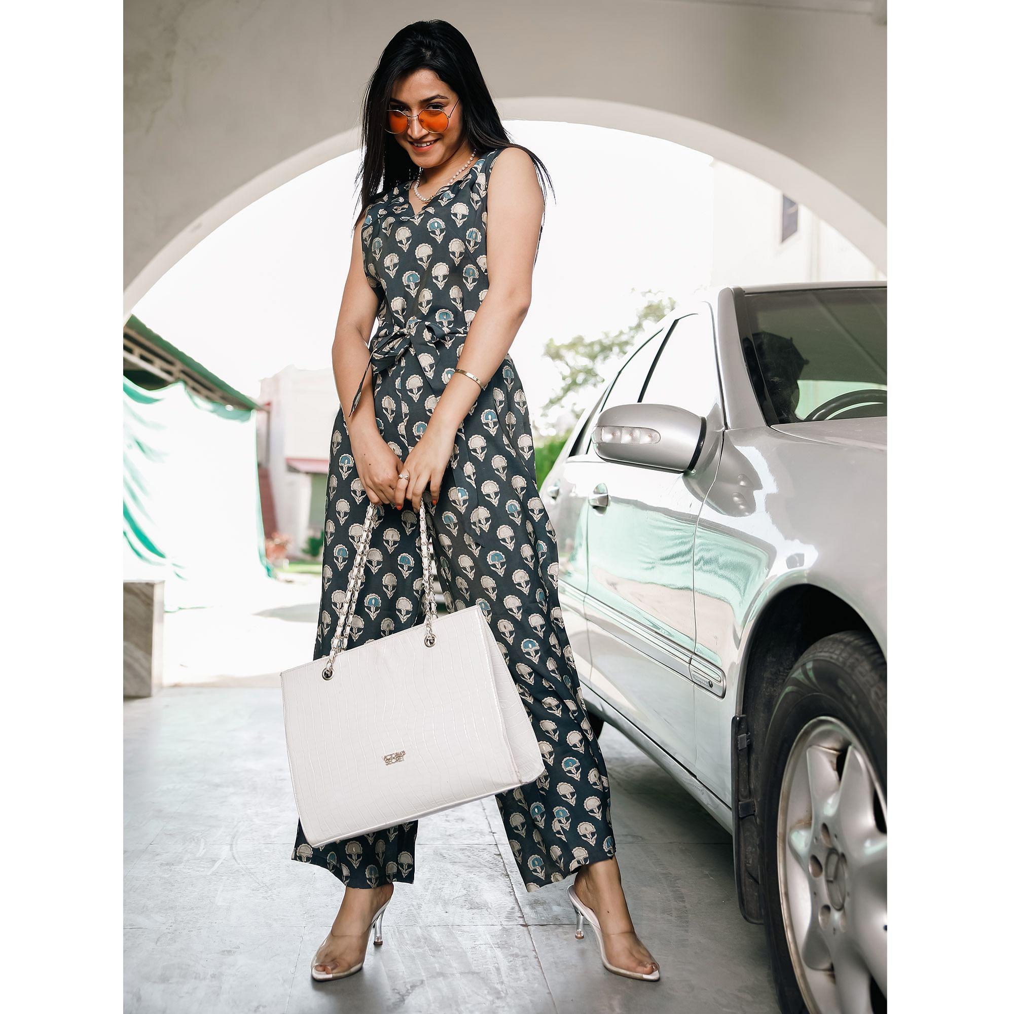 Grey Casual Wear Printed Cotton Jumpsuit - Peachmode