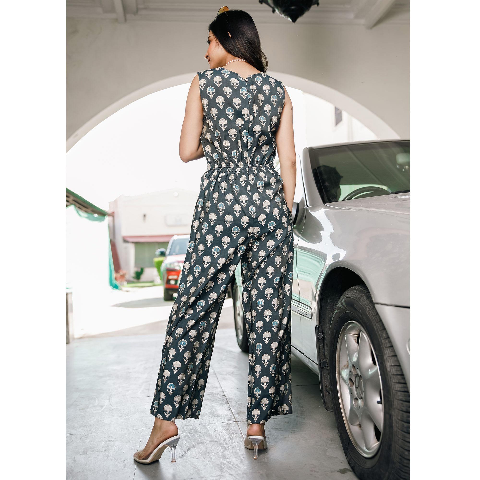 Grey Casual Wear Printed Cotton Jumpsuit - Peachmode