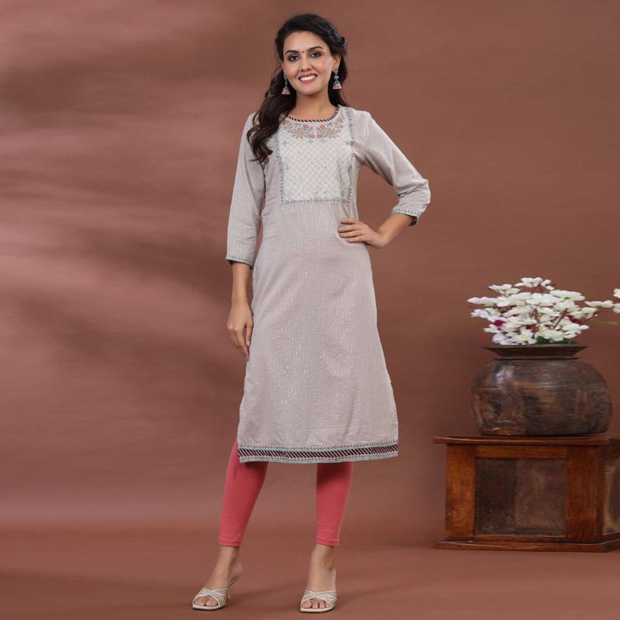 Grey Casual Wear Printed Cotton Kurti - Peachmode