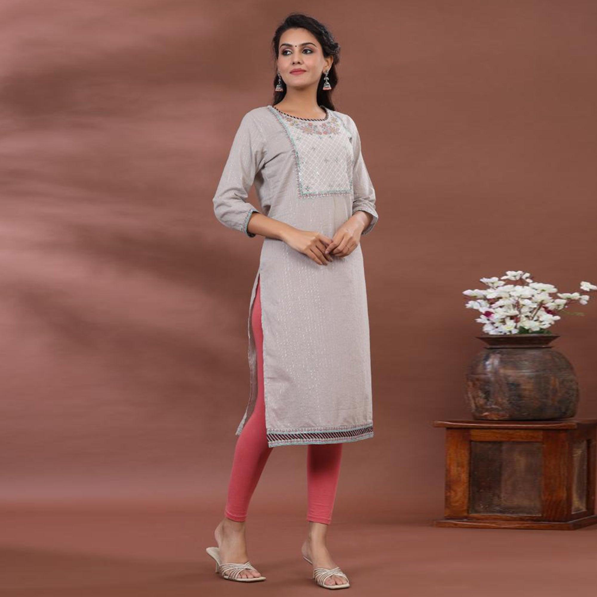 Grey Casual Wear Printed Cotton Kurti - Peachmode