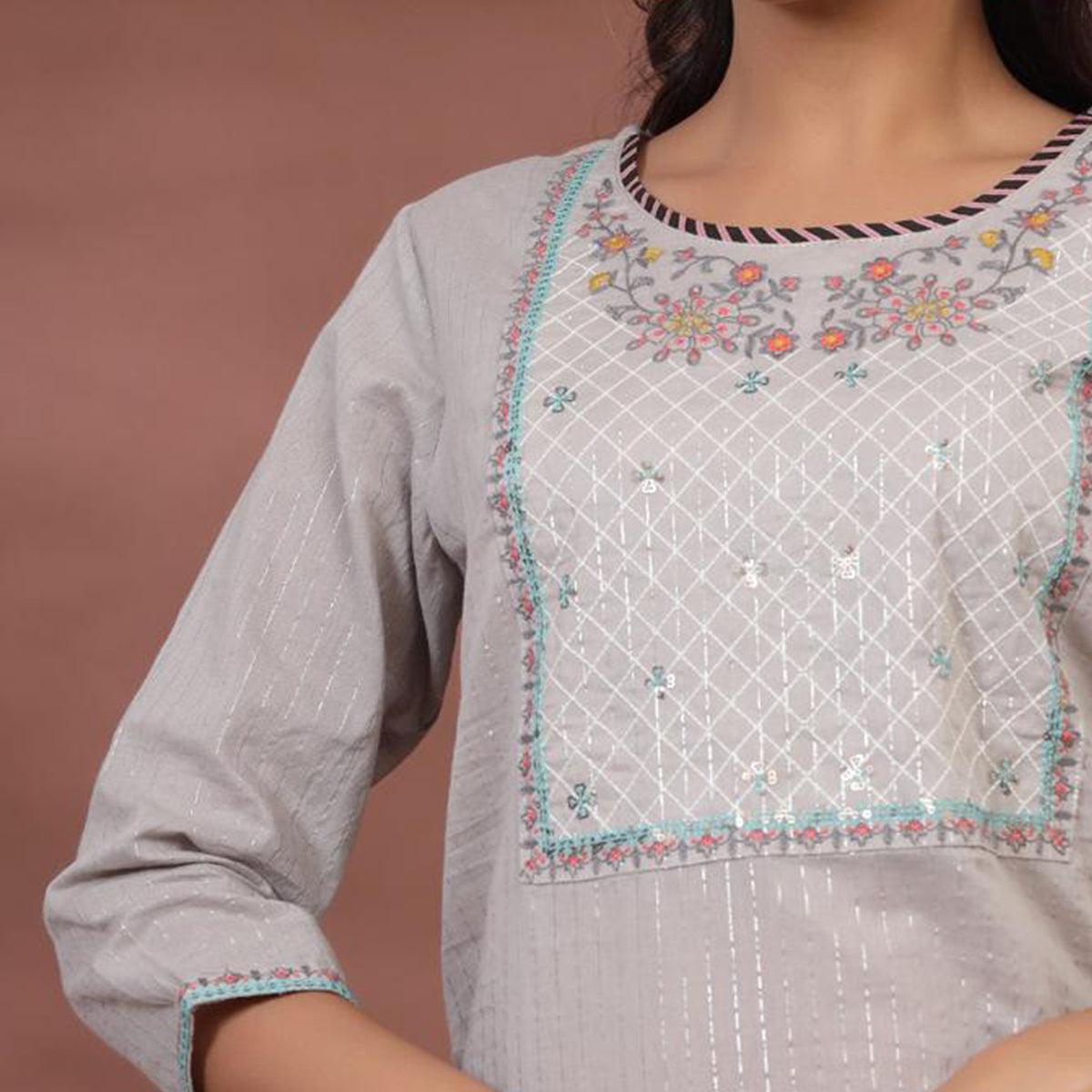 Grey Casual Wear Printed Cotton Kurti - Peachmode