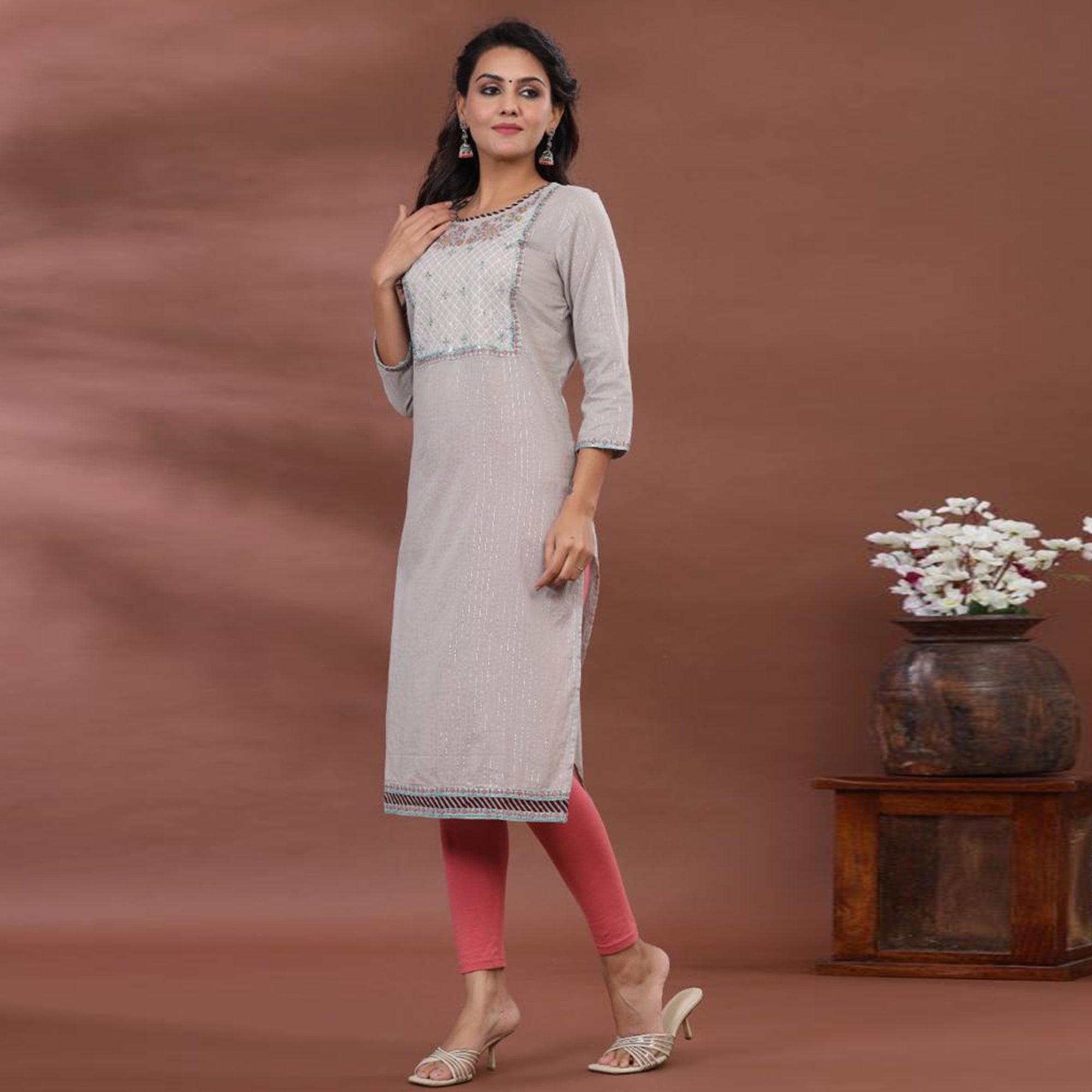 Grey Casual Wear Printed Cotton Kurti - Peachmode