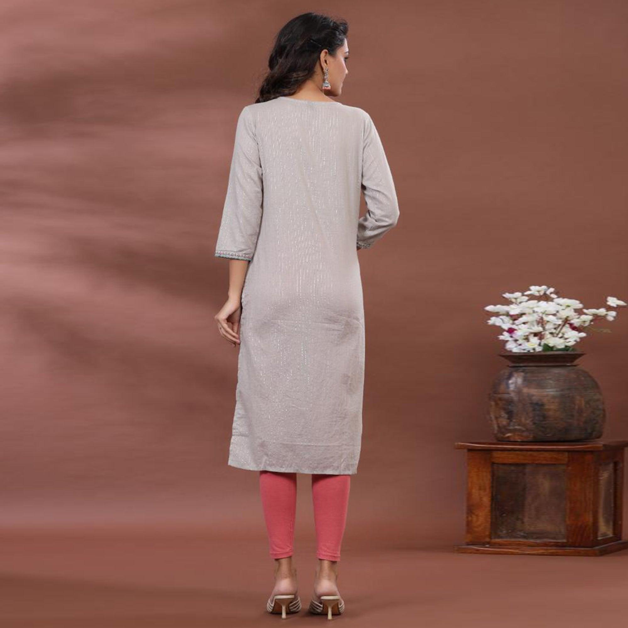 Grey Casual Wear Printed Cotton Kurti - Peachmode