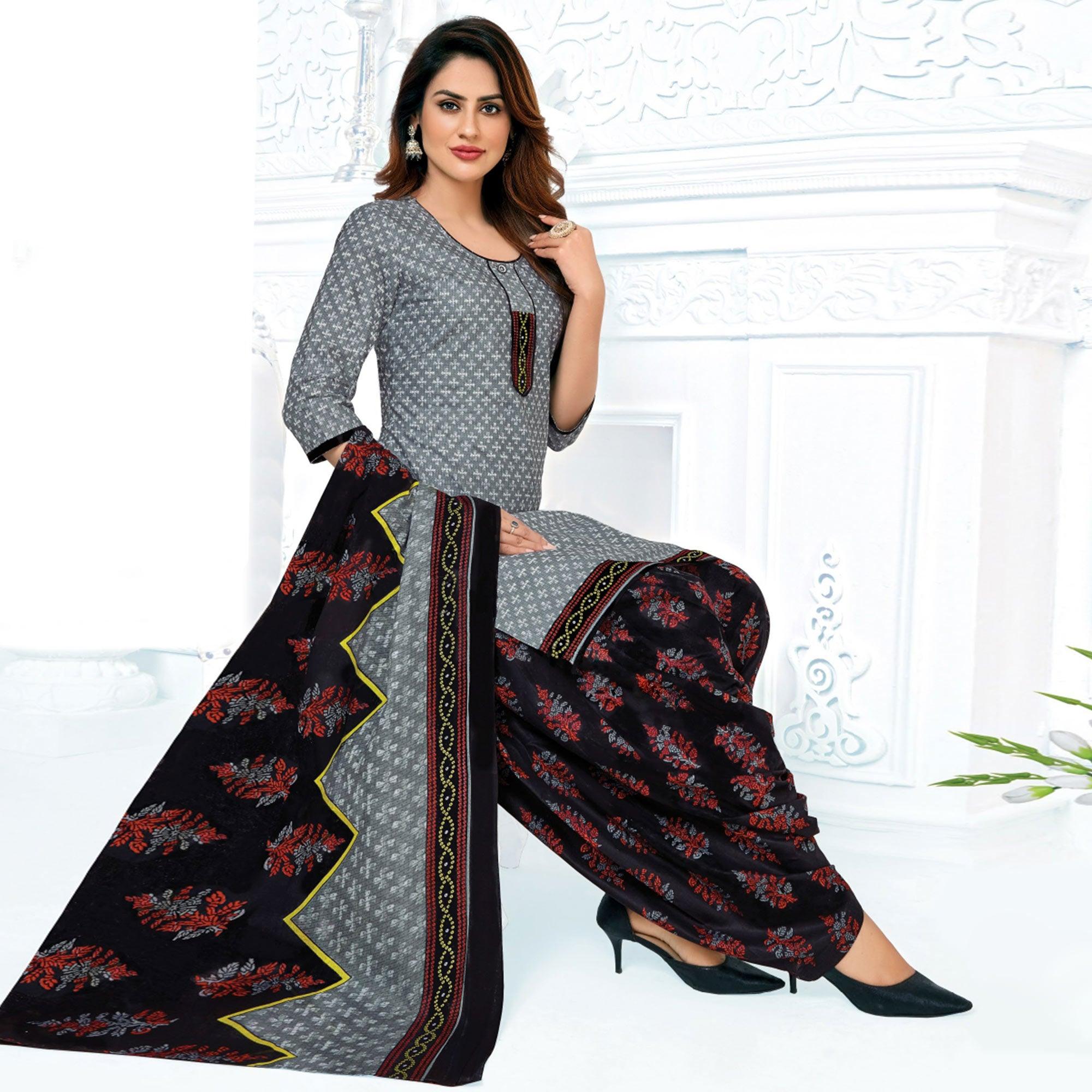 Grey Casual Wear Printed Cotton Patiala Dress Material - Peachmode